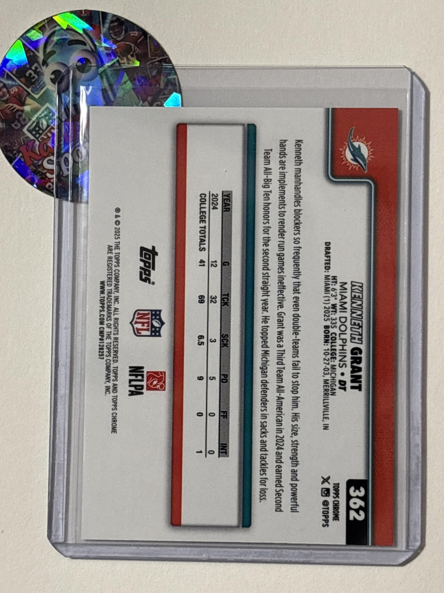 2025 Topps Chrome #362 Kenneth Grant Miami Dolphins RC