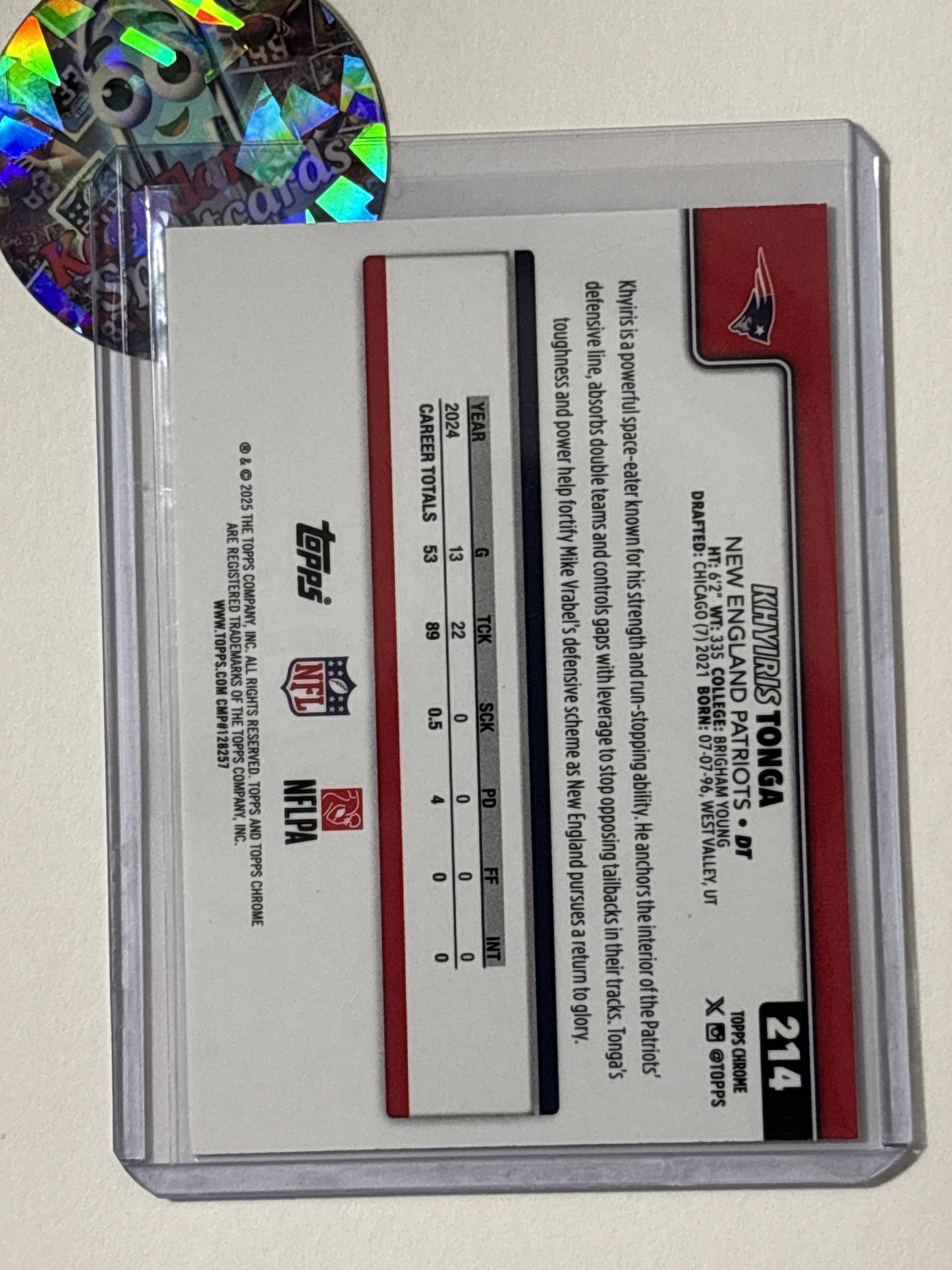2025 Topps Chrome #214 Khyiris Tonga Ray Wave Refractor New England Patriots