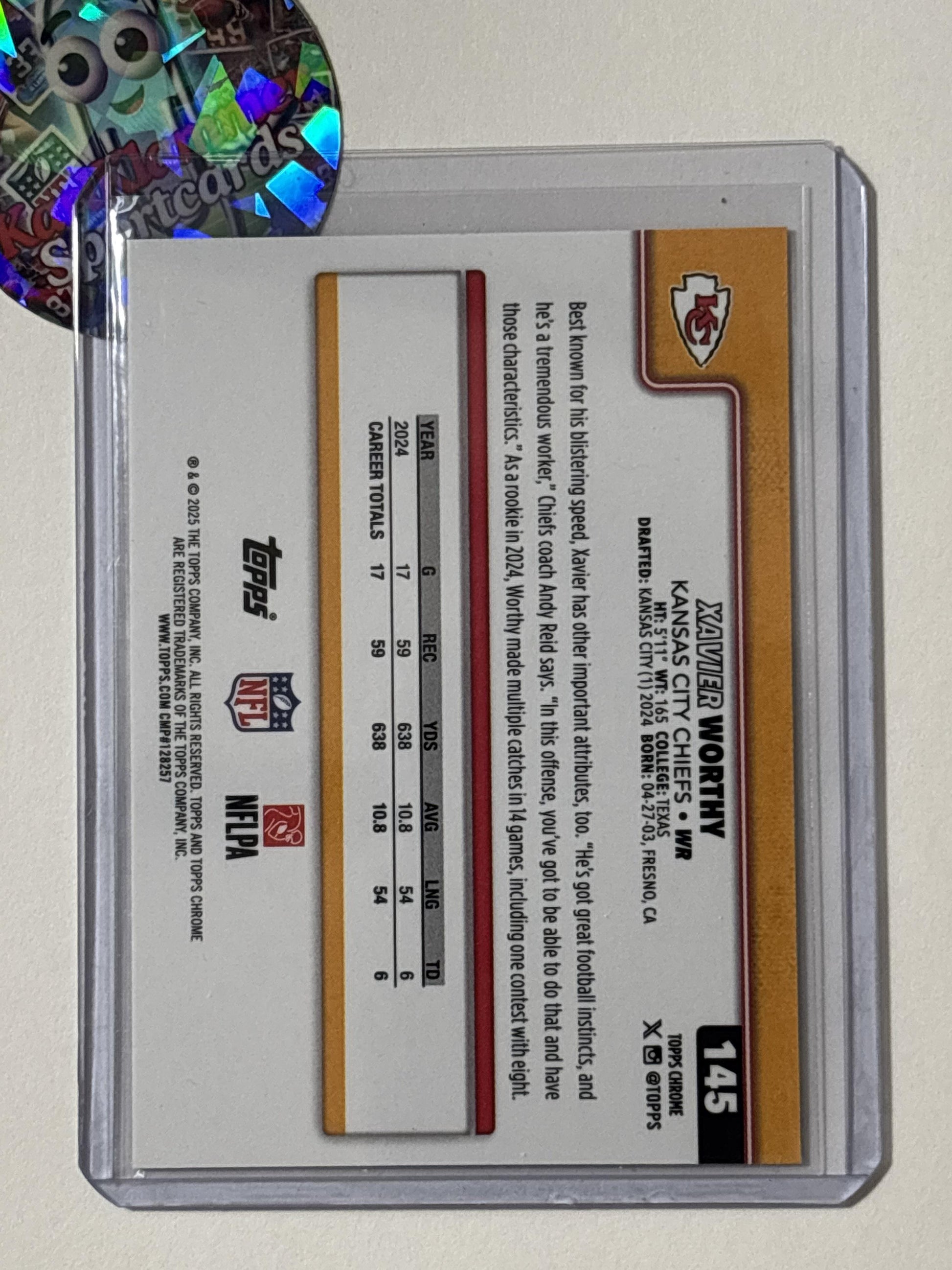 2025 Topps Chrome #145 Xavier Worthy Red White and Blue Refractor Kansas City Chiefs