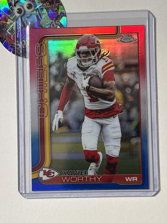 2025 Topps Chrome #145 Xavier Worthy Red White and Blue Refractor Kansas City Chiefs