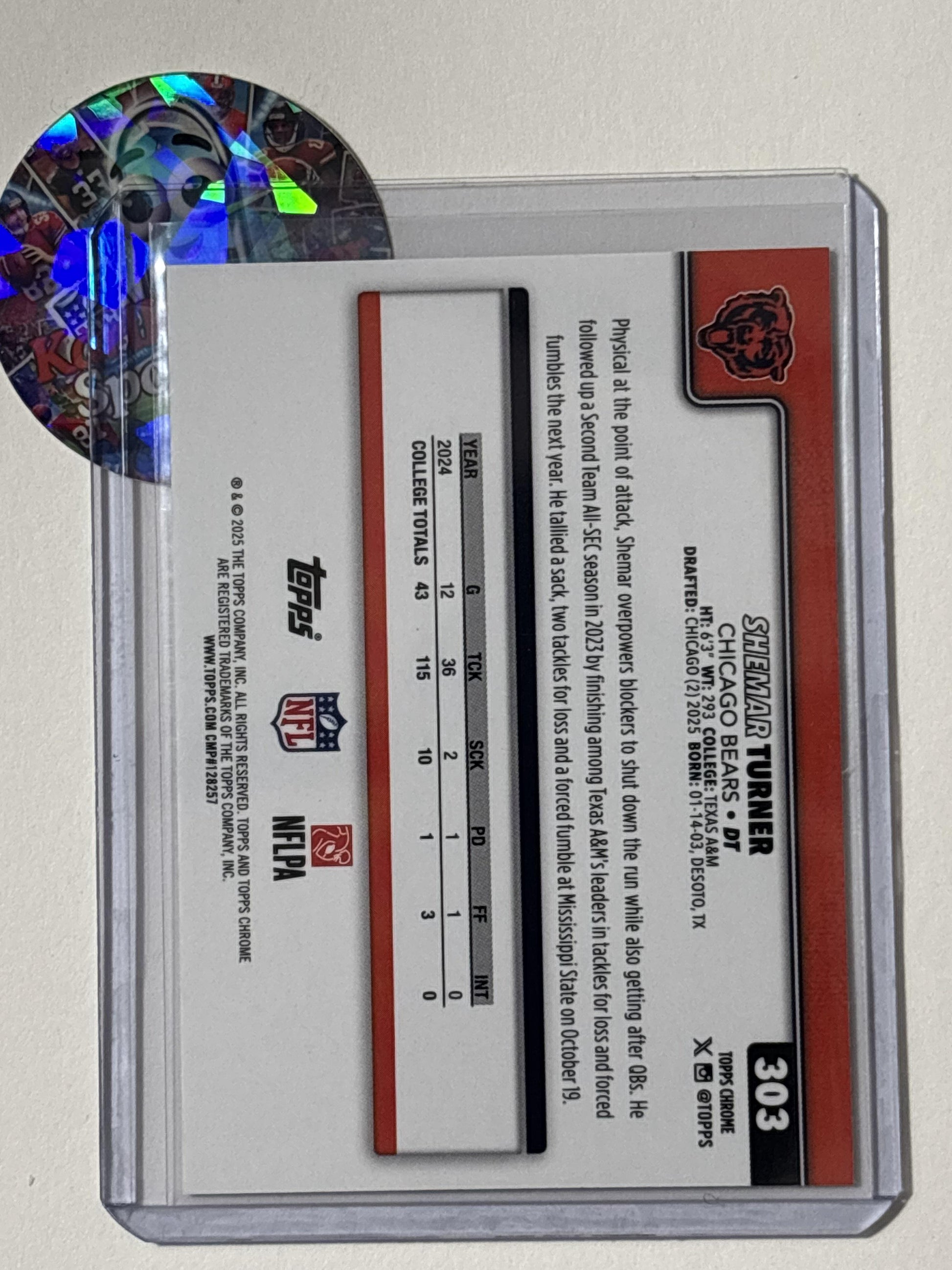 2025 Topps Chrome #303 Shemar Turner Ray Wave Refractor Chicago Bears RC