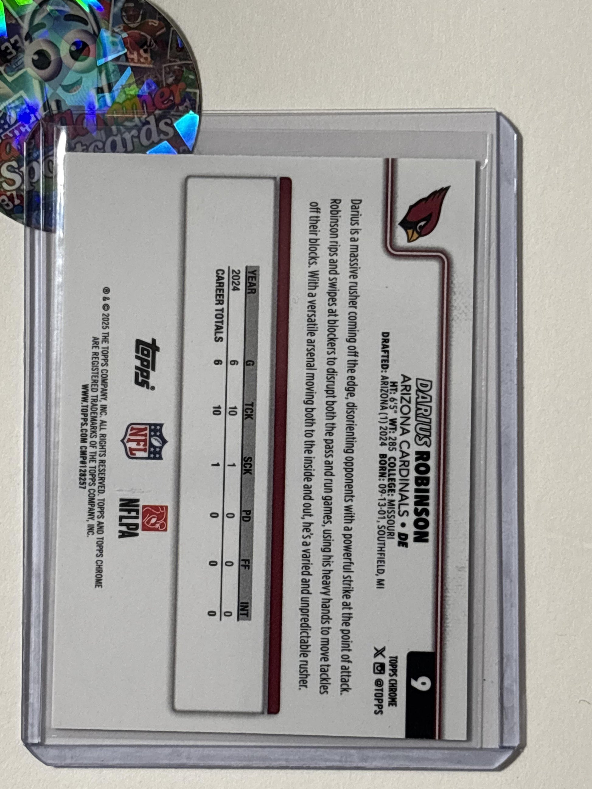 2025 Topps Chrome #9 Darius Robinson Football Leather Refractor Arizona Cardinals