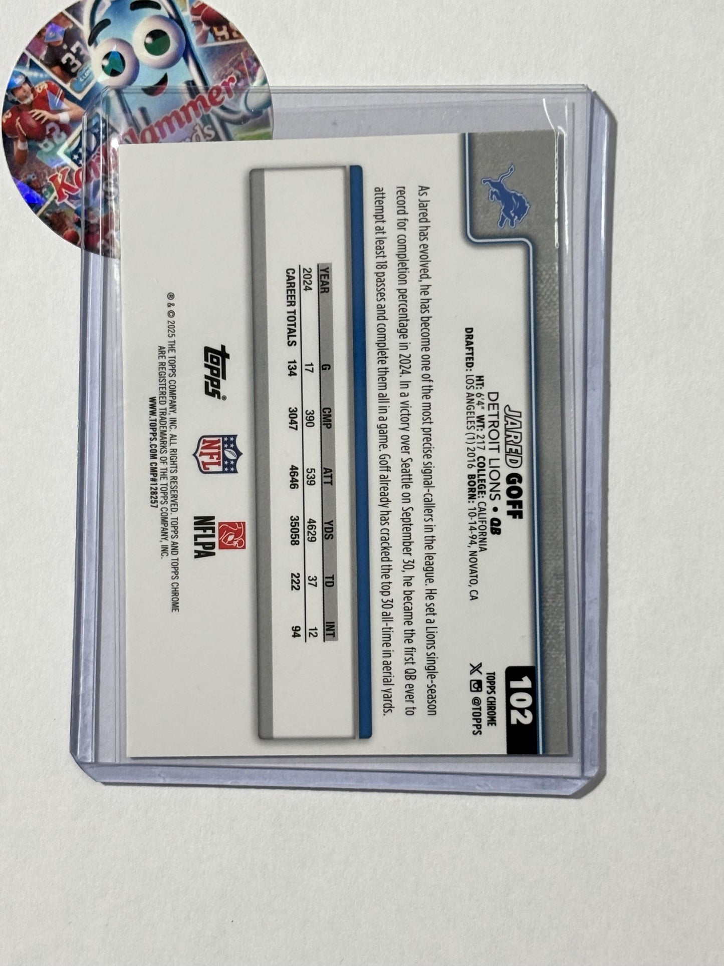 2025 Topps Chrome #102 Jared Goff Red White and Blue Refractor Detroit Lions