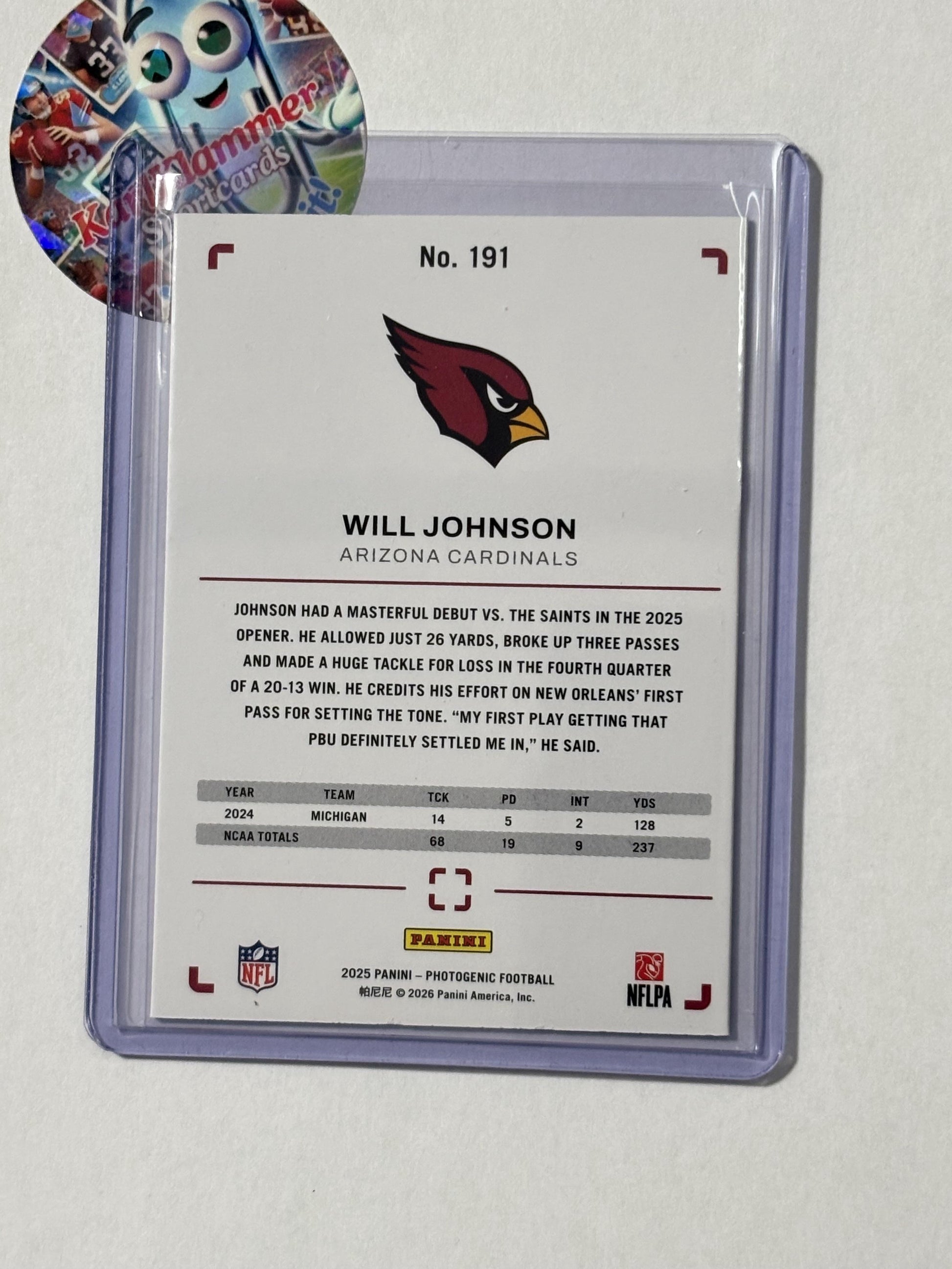 2025 Panini Photogenic #191 Will Johnson Teal #/35 Arizona Cardinals SN,RC