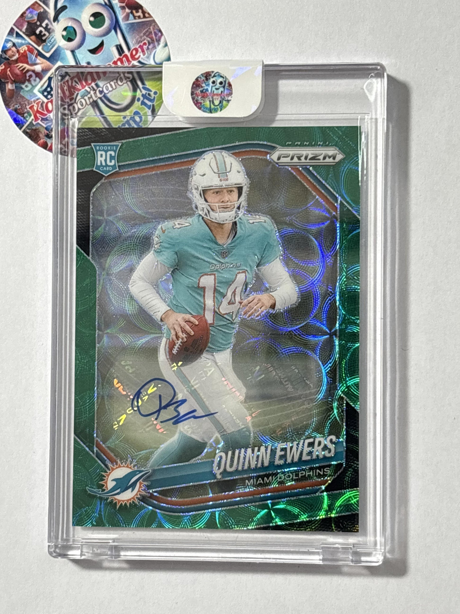 2025 Panini Prizm #307 Quinn Ewers Prizm Rookie Autographs Green Scope #/75 Miami Dolphins SN,AU
