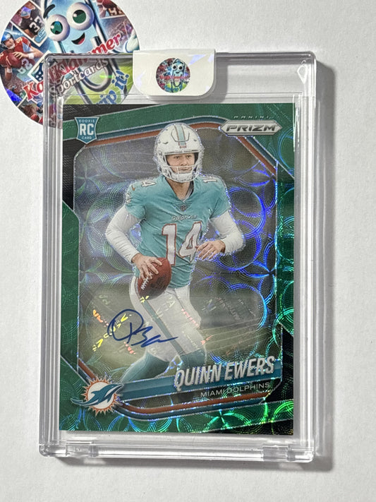 2025 Panini Prizm #307 Quinn Ewers Prizm Rookie Autographs Green Scope #/75 Miami Dolphins SN,AU