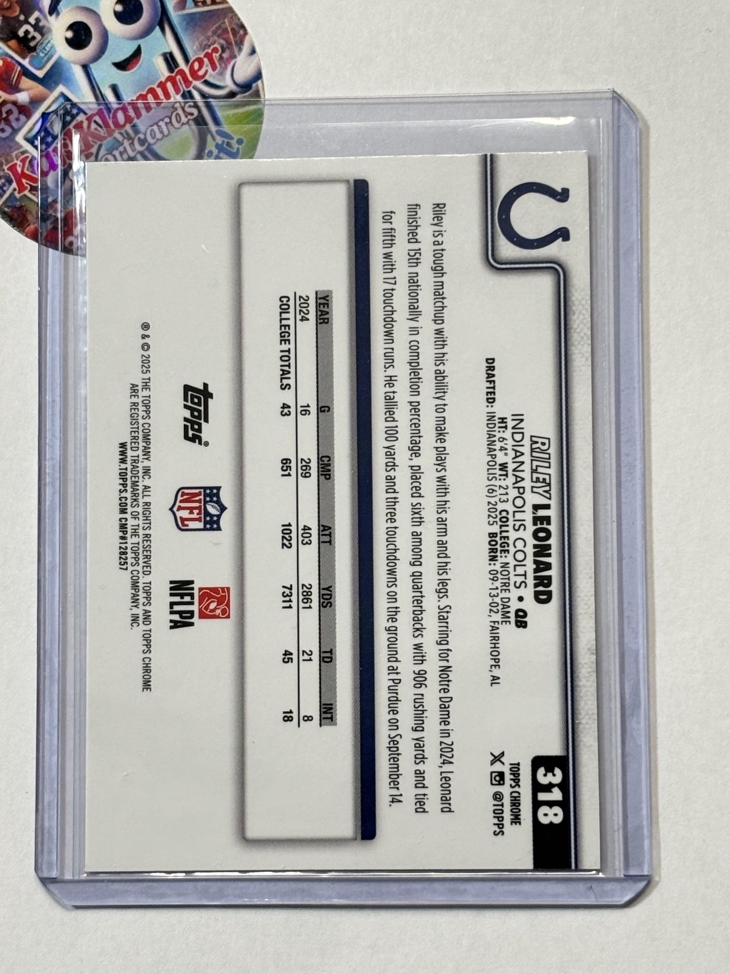 2025 Topps Chrome #318 Riley Leonard Hot Pink X-Fractor Indianapolis Colts RC