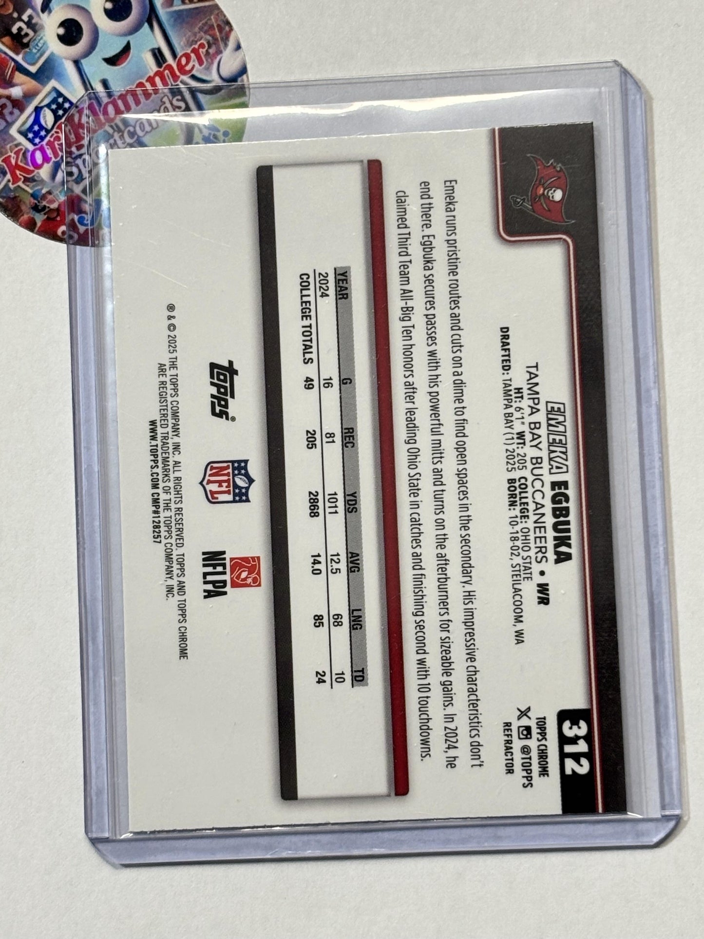 2025 Topps Chrome #312 Emeka Egbuka Refractor Tampa Bay Buccaneers RC