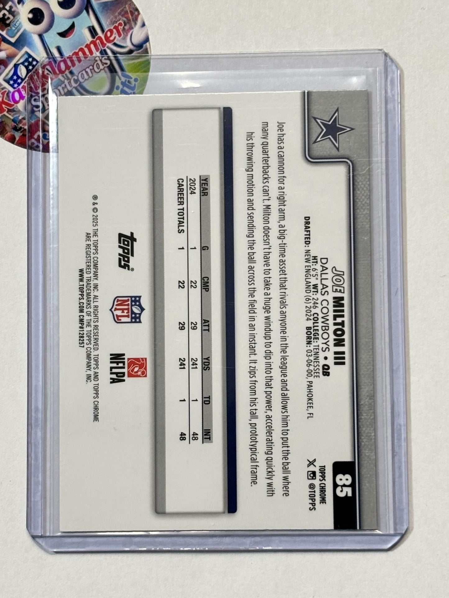 2025 Topps Chrome #85 Joe Milton III Lime Green X-Fractor Dallas Cowboys