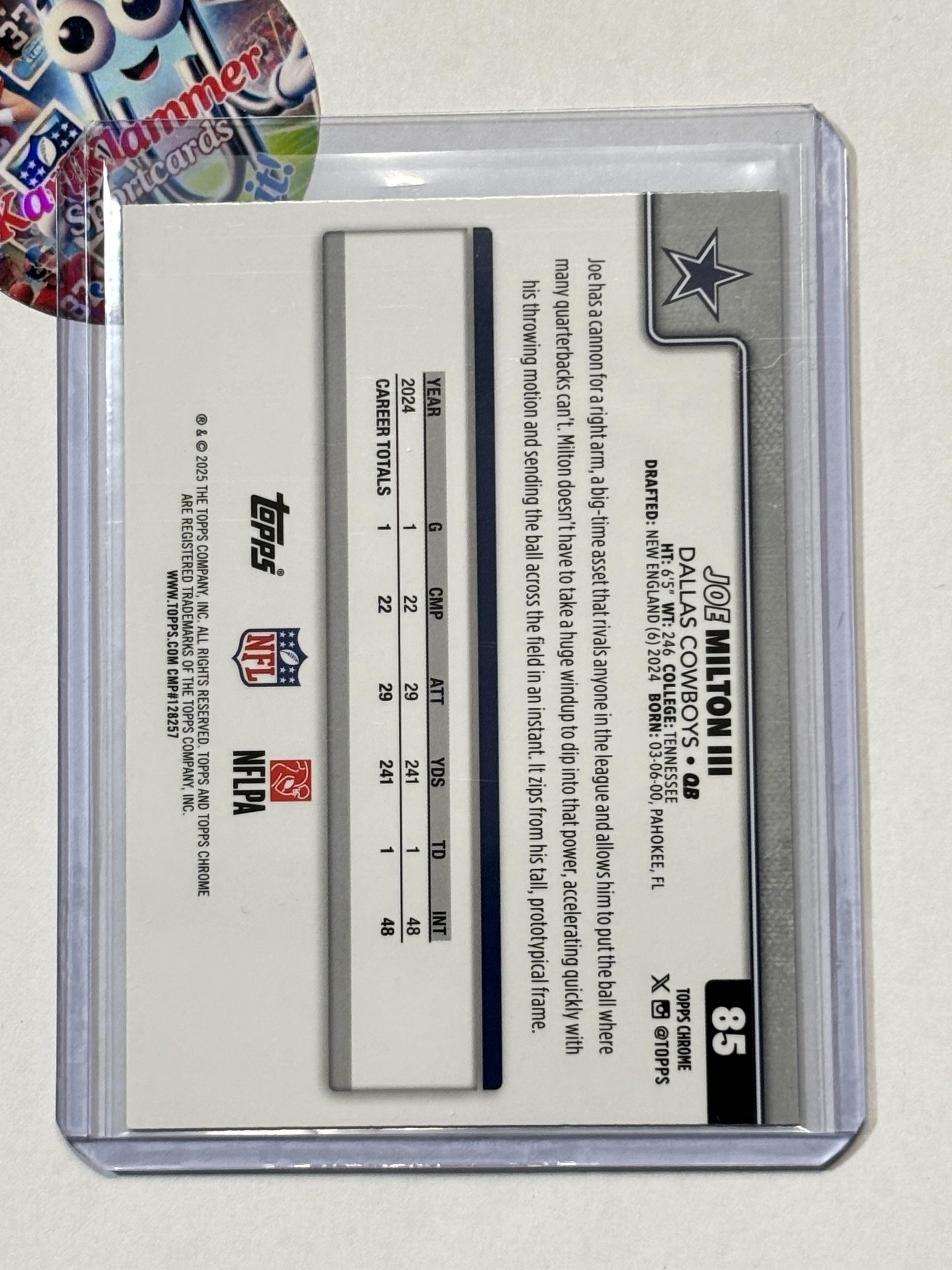 2025 Topps Chrome #85 Joe Milton III Lime Green X-Fractor Dallas Cowboys