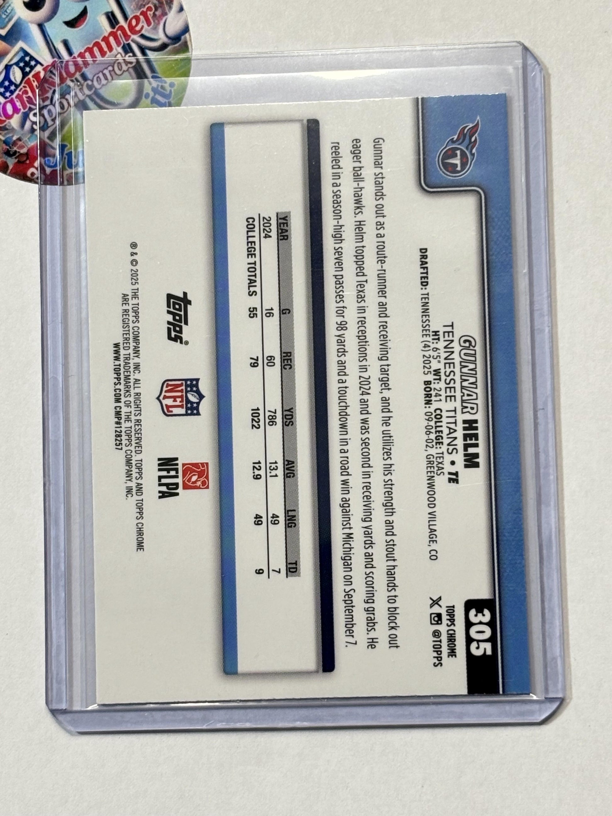 2025 Topps Chrome #305 Gunnar Helm Football Leather Blue #/150 Tennessee Titans SN,RC