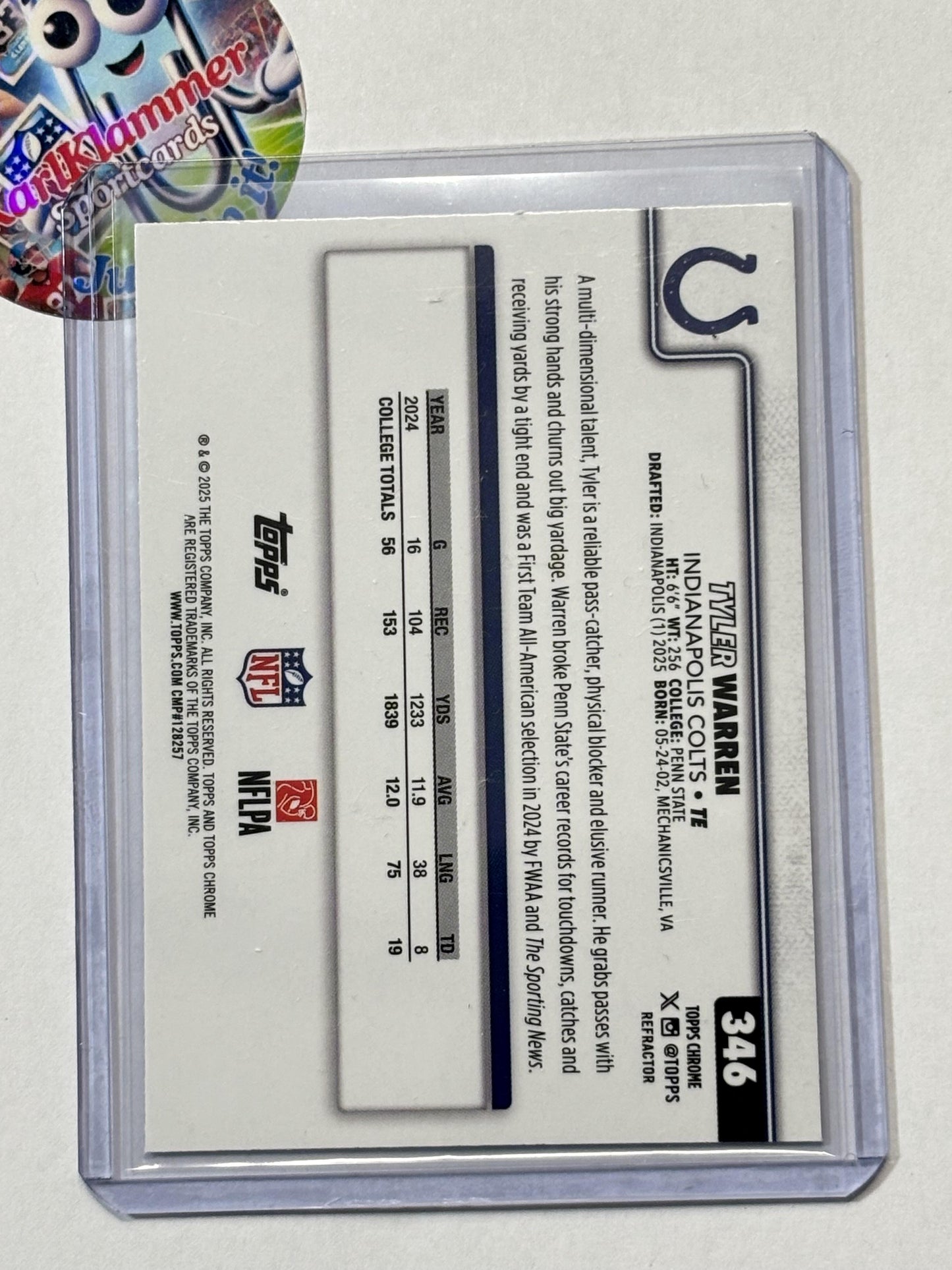 2025 Topps Chrome #346 Tyler Warren Topps Refractor Indianapolis Colts RC