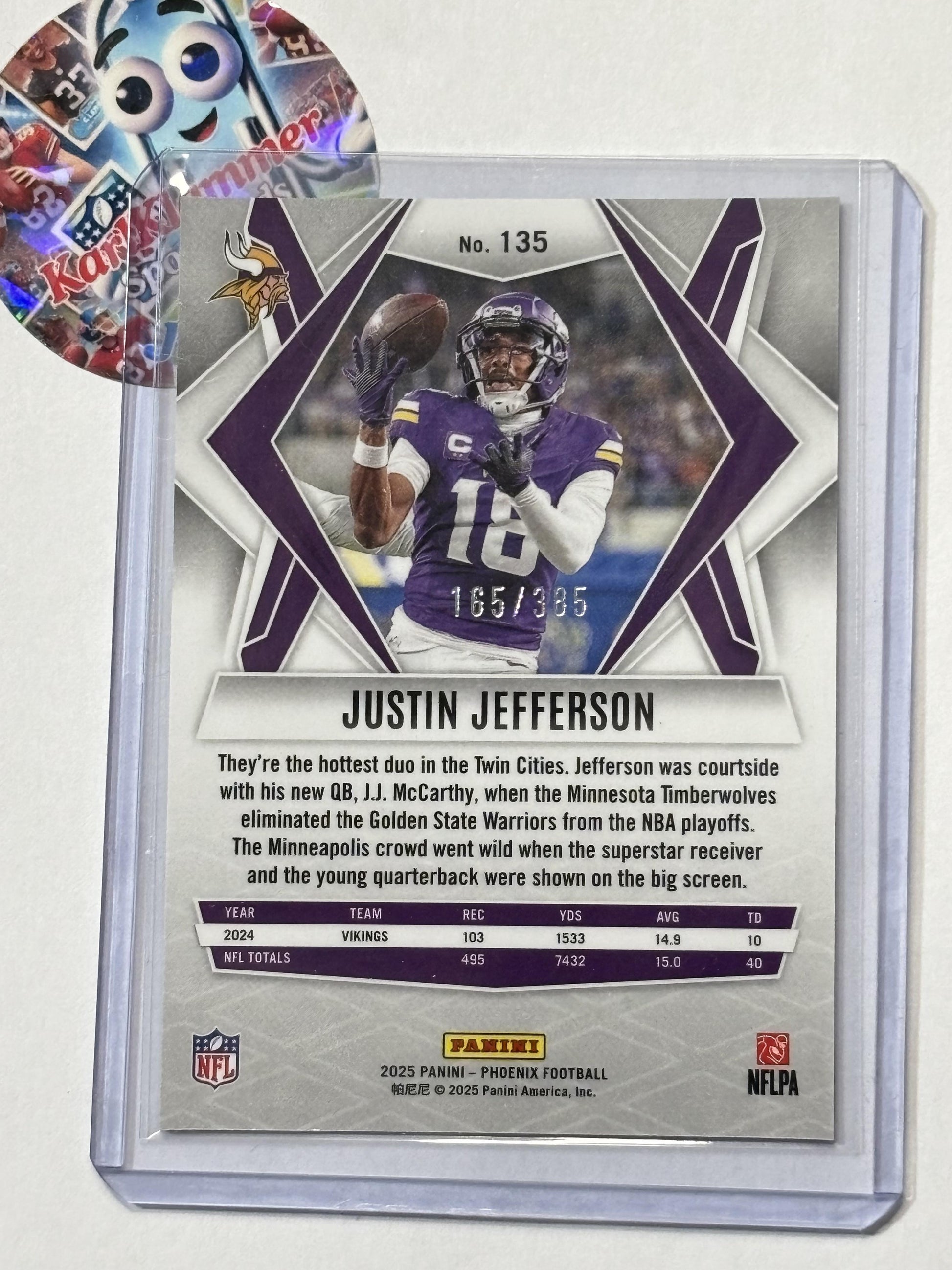 2025 Panini Phoenix #135 Justin Jefferson Light Blue Pyramids Prizm #/385 Minnesota Vikings SN