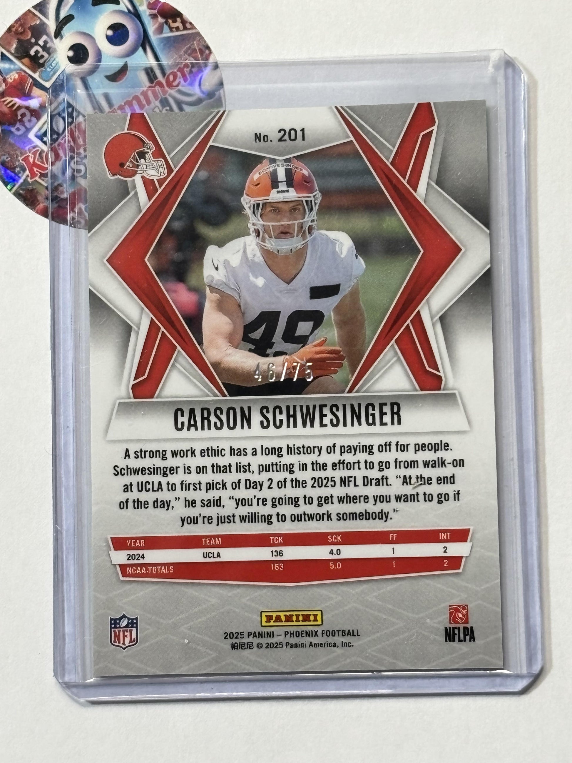 2025 Panini Phoenix #201 Carson Schwesinger Lime Green Mojo Prizm #/75 Cleveland Browns SN,RC