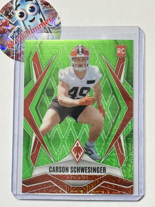 2025 Panini Phoenix #201 Carson Schwesinger Lime Green Mojo Prizm #/75 Cleveland Browns SN,RC