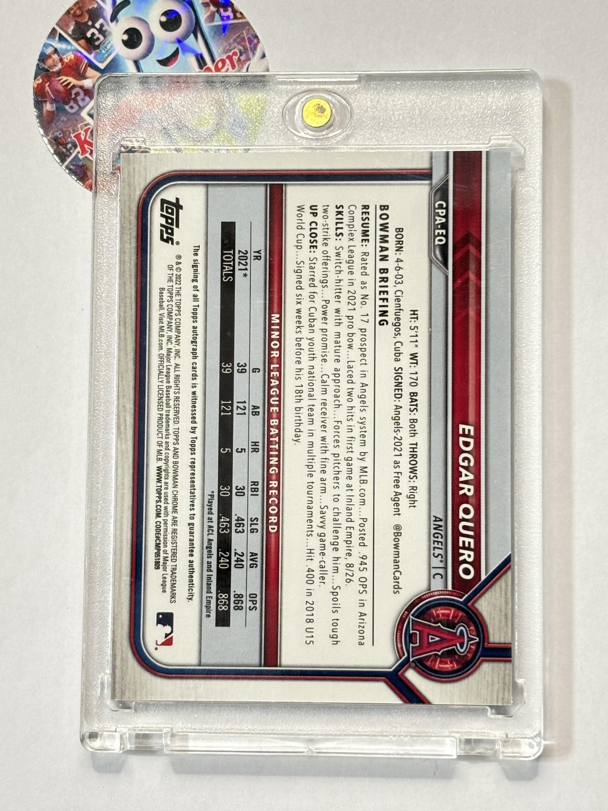 2022 Bowman #CPA-EQ Edgar Quero Chrome Prospects Autographs Purple Refractors #/250 Los Angeles Angels SN,AU