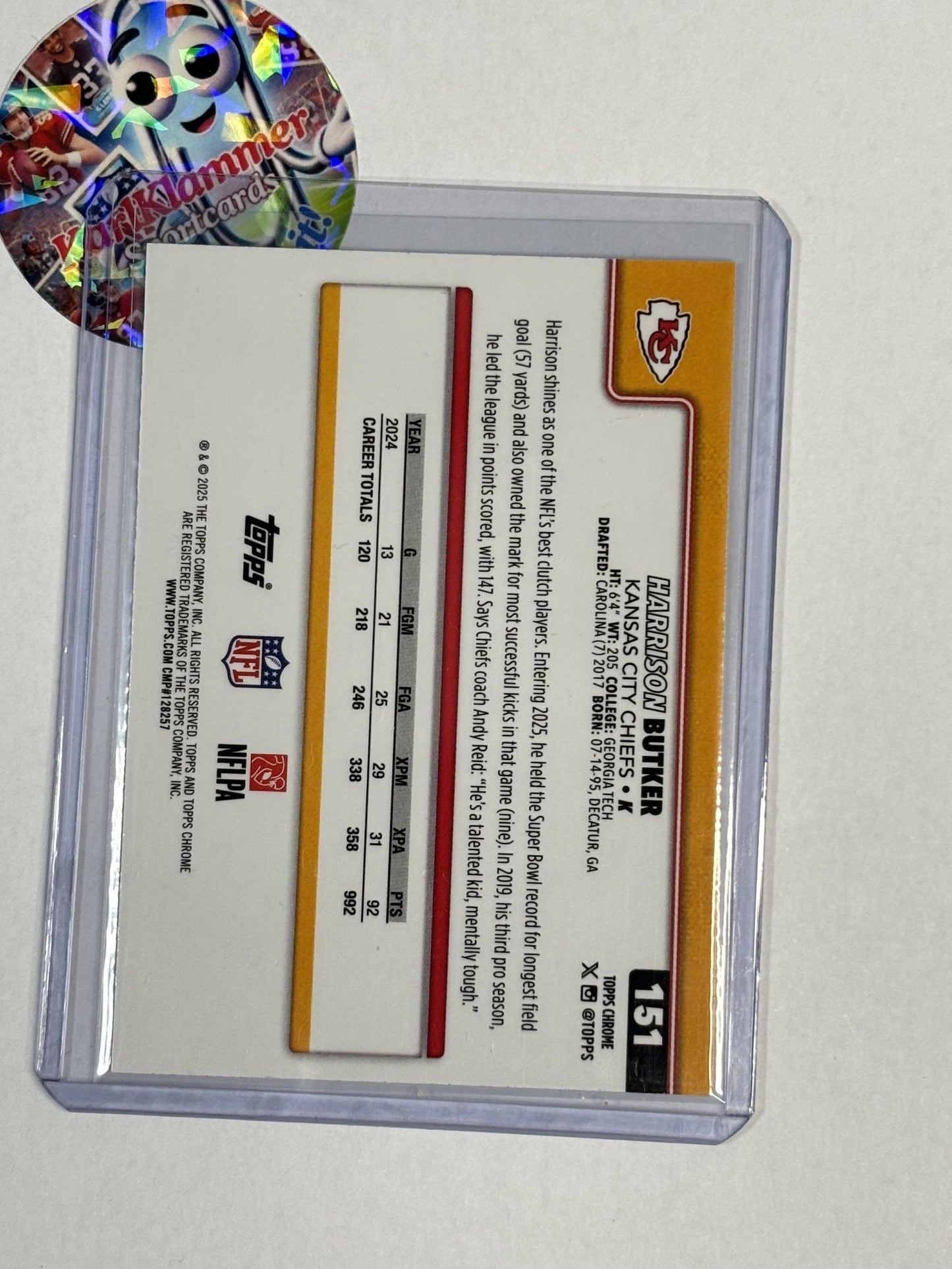 2025 Topps Chrome #151 Harrison Butker Teal Refractor #/299 Kansas City Chiefs SN
