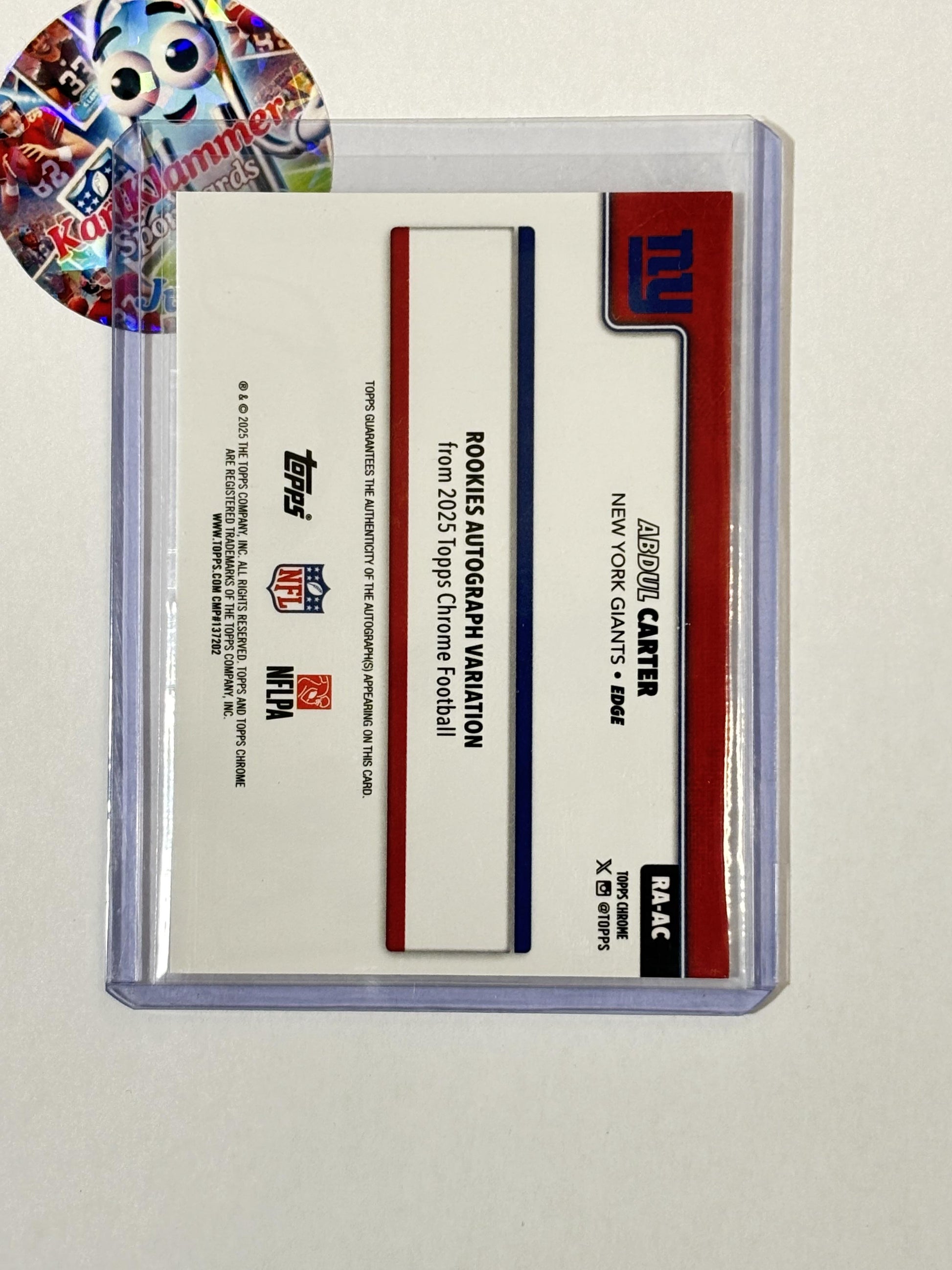 2025 Topps Chrome #RA-AC Abdul Carter Chrome Rookie Autographs Orange Wave Refractor #/25 New York Giants SN,AU