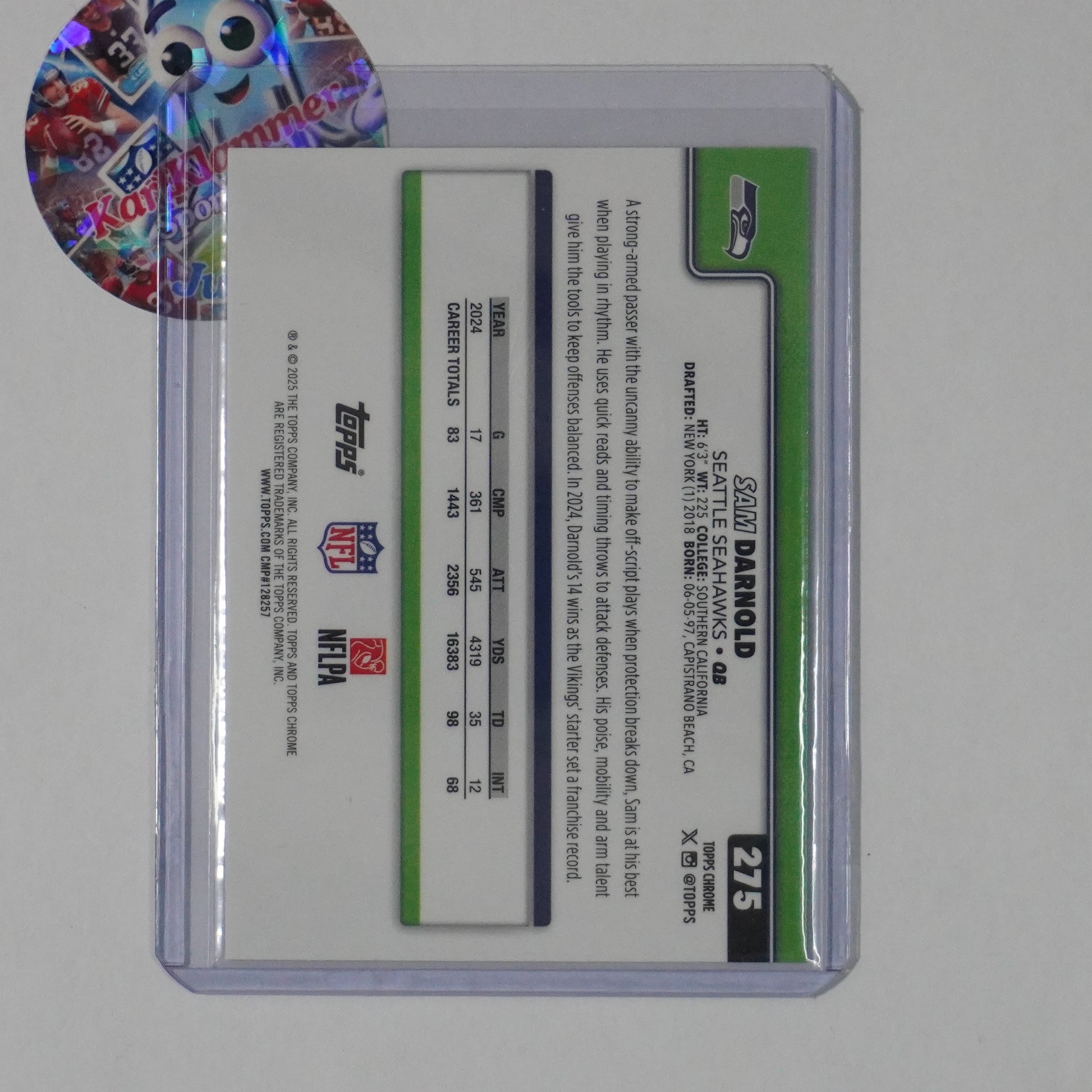 2025 Topps Chrome #275 Sam Darnold Hot Pink X-Fractor Seattle Seahawks