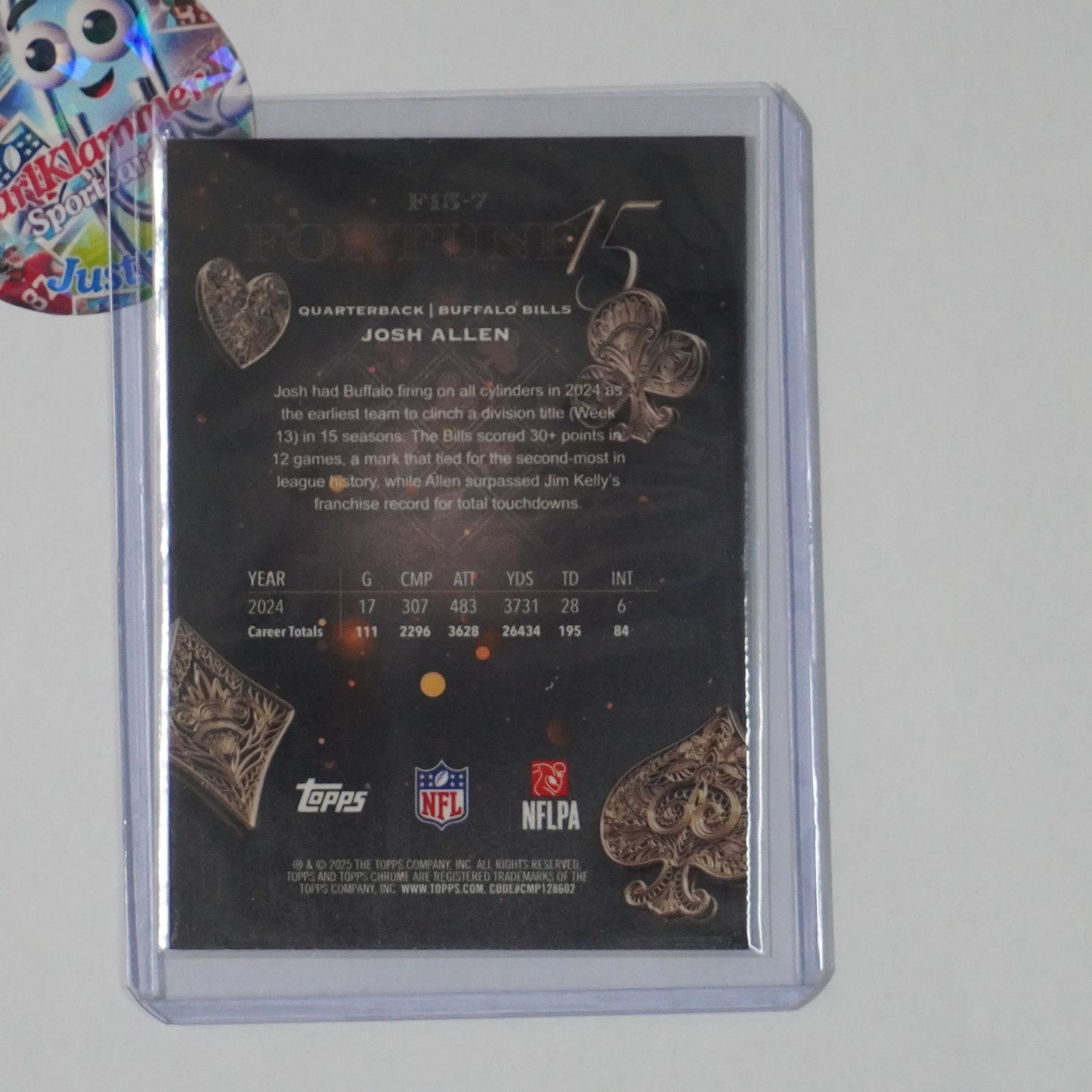 2025 Topps Chrome #F15-7 Josh Allen Fortune 15 Pink Refractor #/250 Buffalo