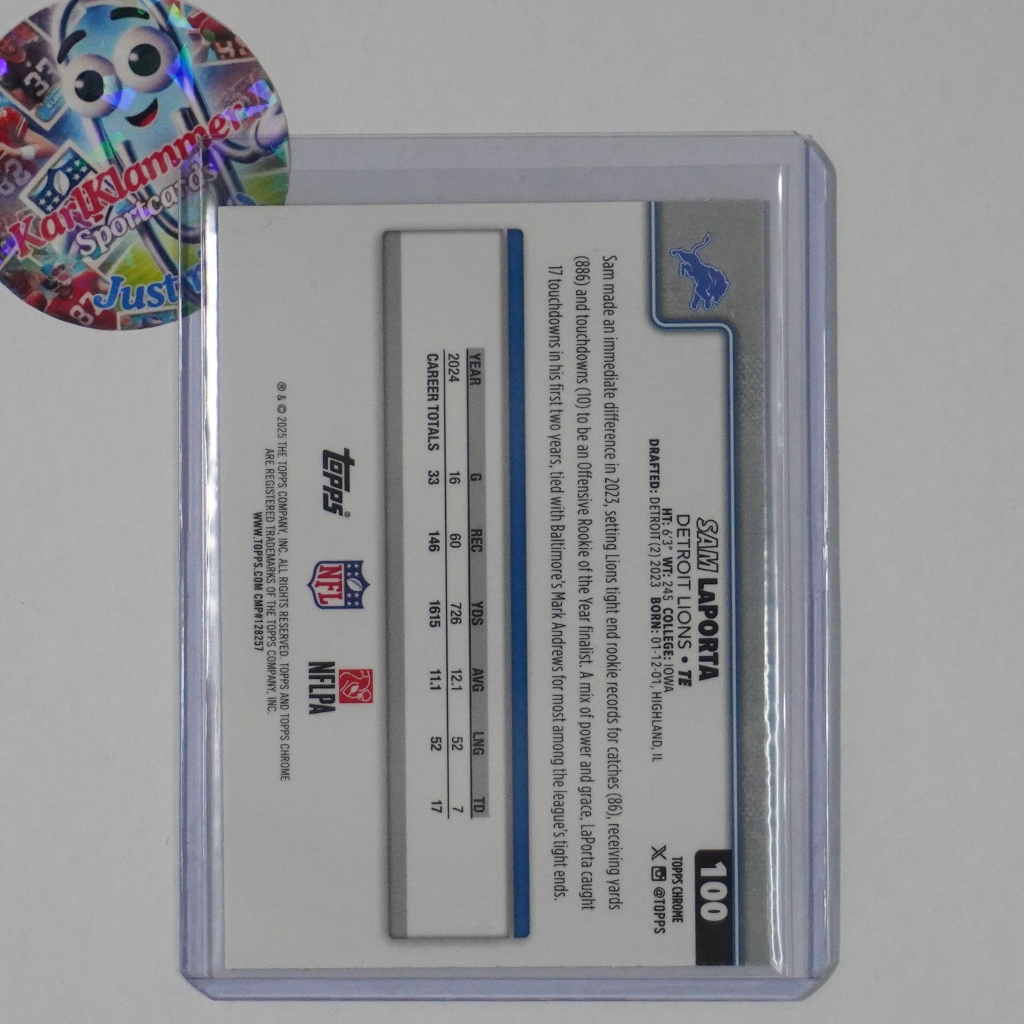 2025 Topps Chrome #100 Sam LaPorta Purple Refractor #/75 Detroit Lions SN