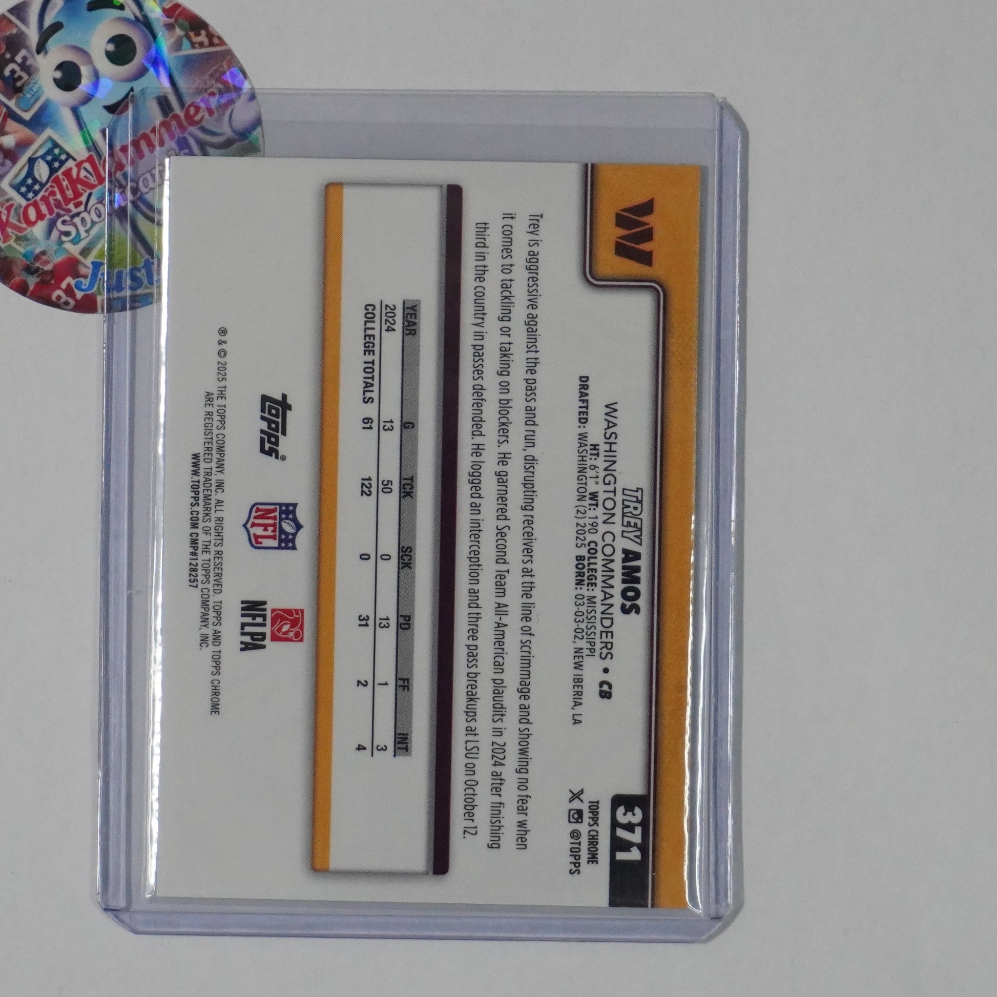 2025 Topps Chrome #371 Trey Amos Teal Refractor #/299 Washington Commanders