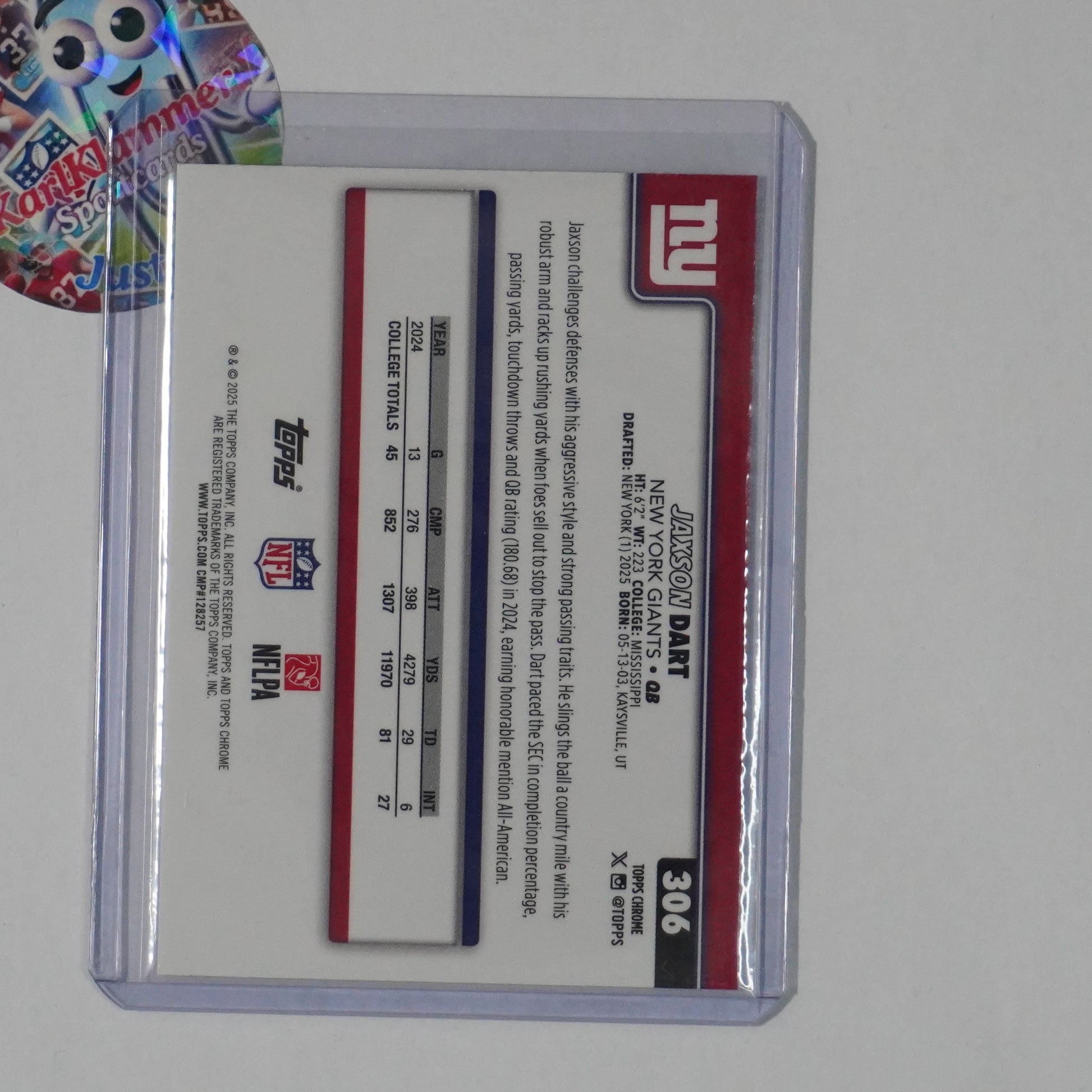 2025 Topps Chrome #306 Jaxson Dart X-Fractor New York Giants RC