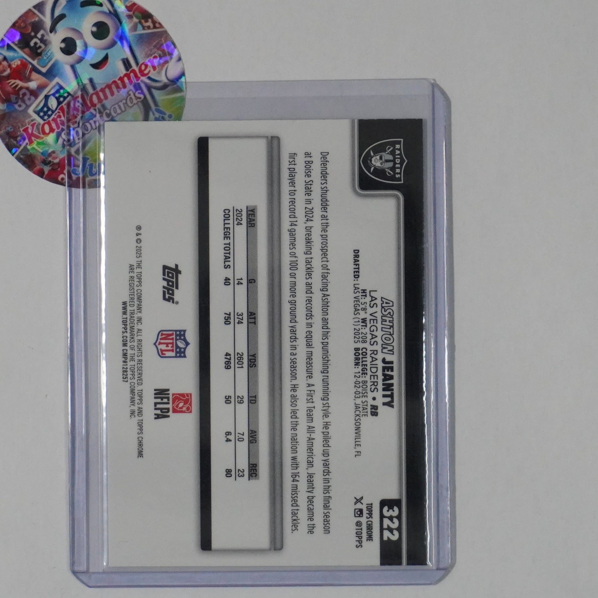 2025 Topps Chrome #322 Ashton Jeanty Aqua Refractor #/199 Las Vegas Raiders