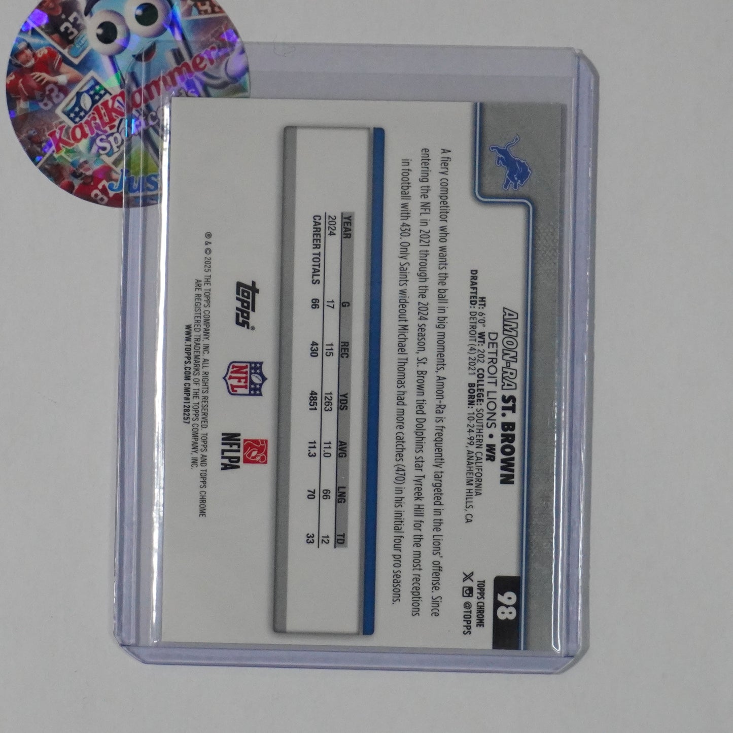 2025 Topps Chrome #98 Amon-Ra St. Brown Red White and Blue Refractor Lions
