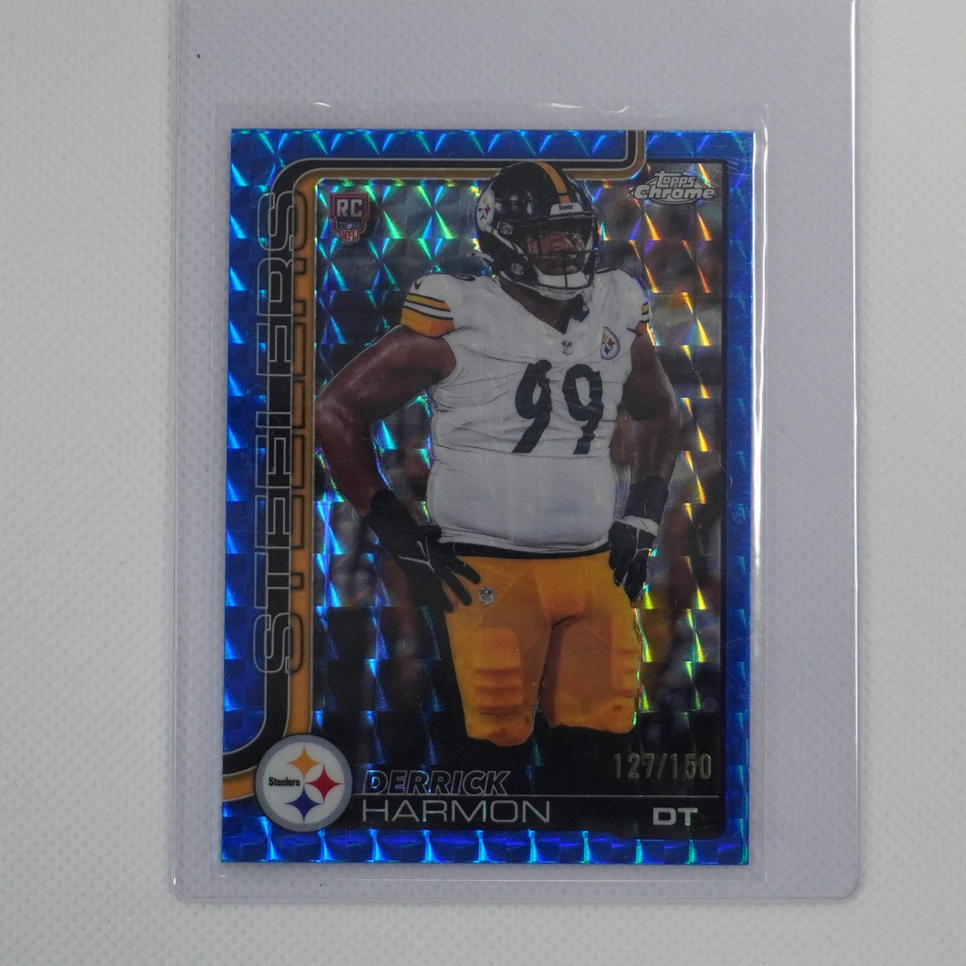 2025 Topps Chrome #361 Derrick Harmon Blue Geometric Refractor #/150 Pittsburgh