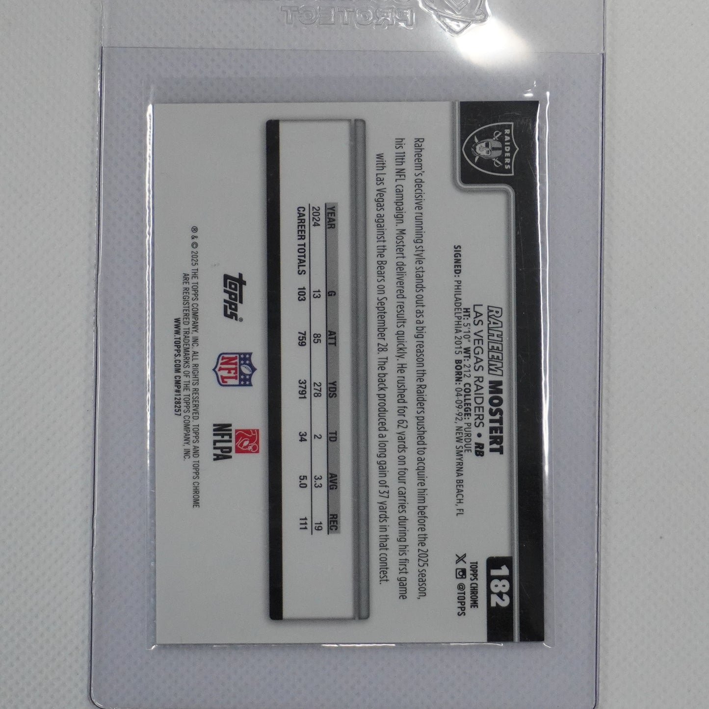 2025 Topps Chrome #182 Raheem Mostert Gold Geometric Refractor #/50 Raiders