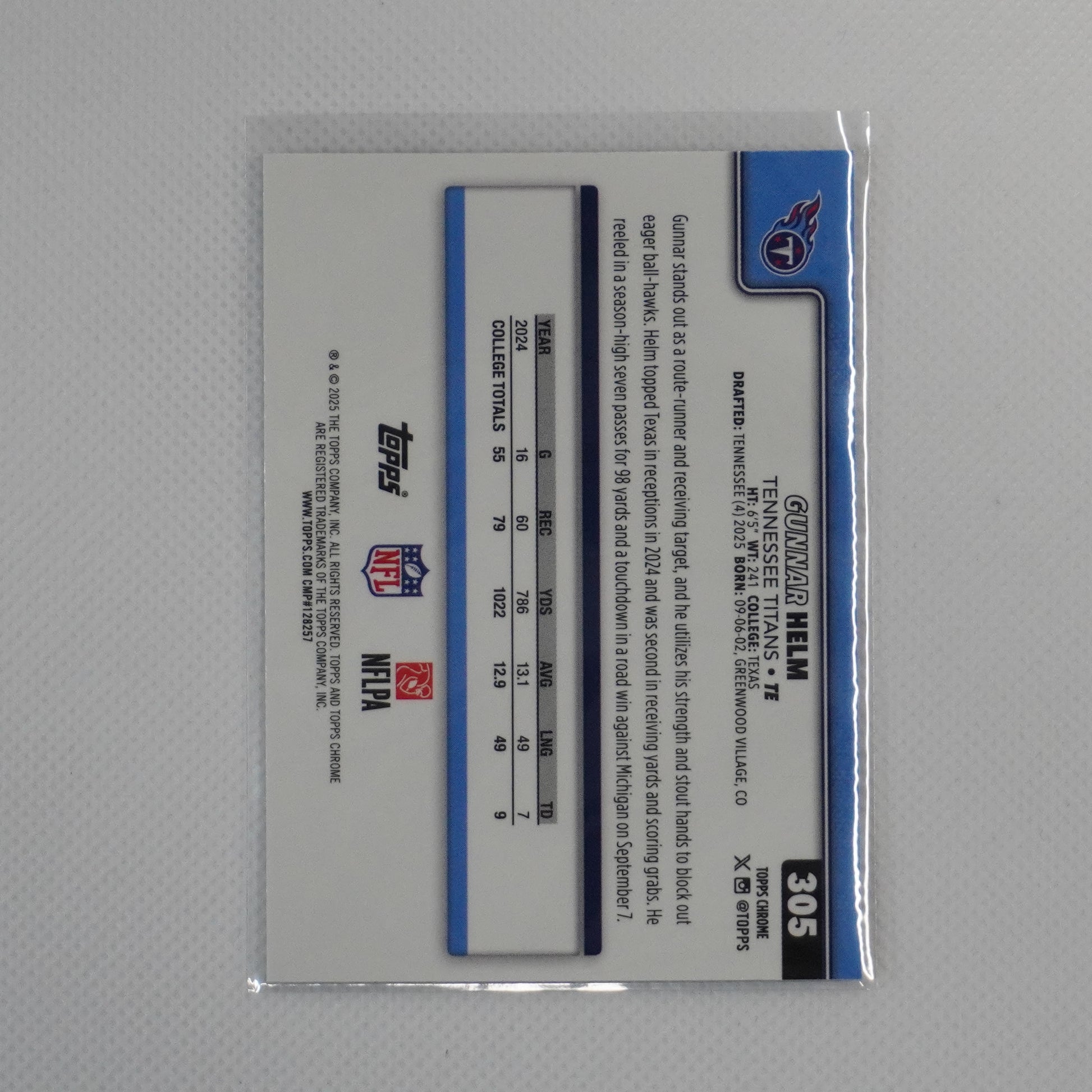 2025 Topps Chrome #305 Gunnar Helm Tennessee Titans RC