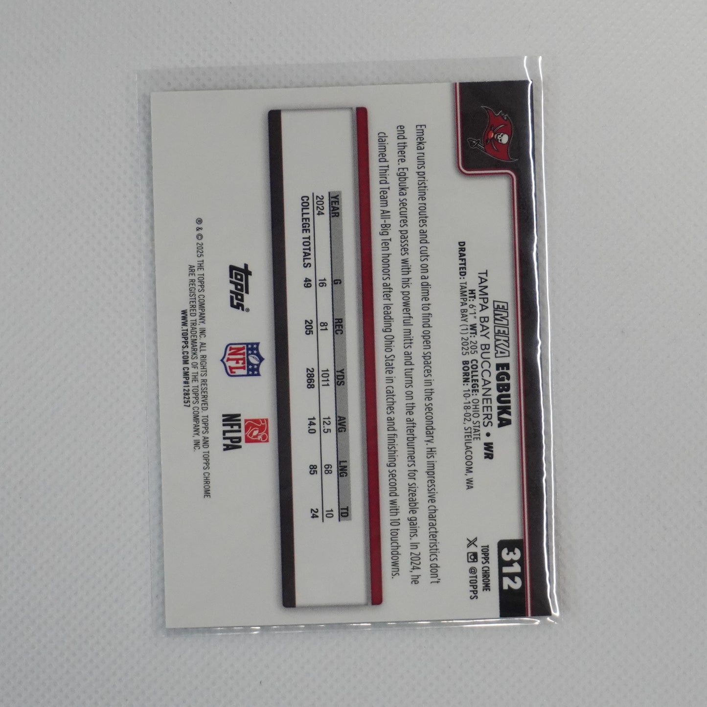 2025 Topps Chrome #312 Emeka Egbuka Tampa Bay Buccaneers RC
