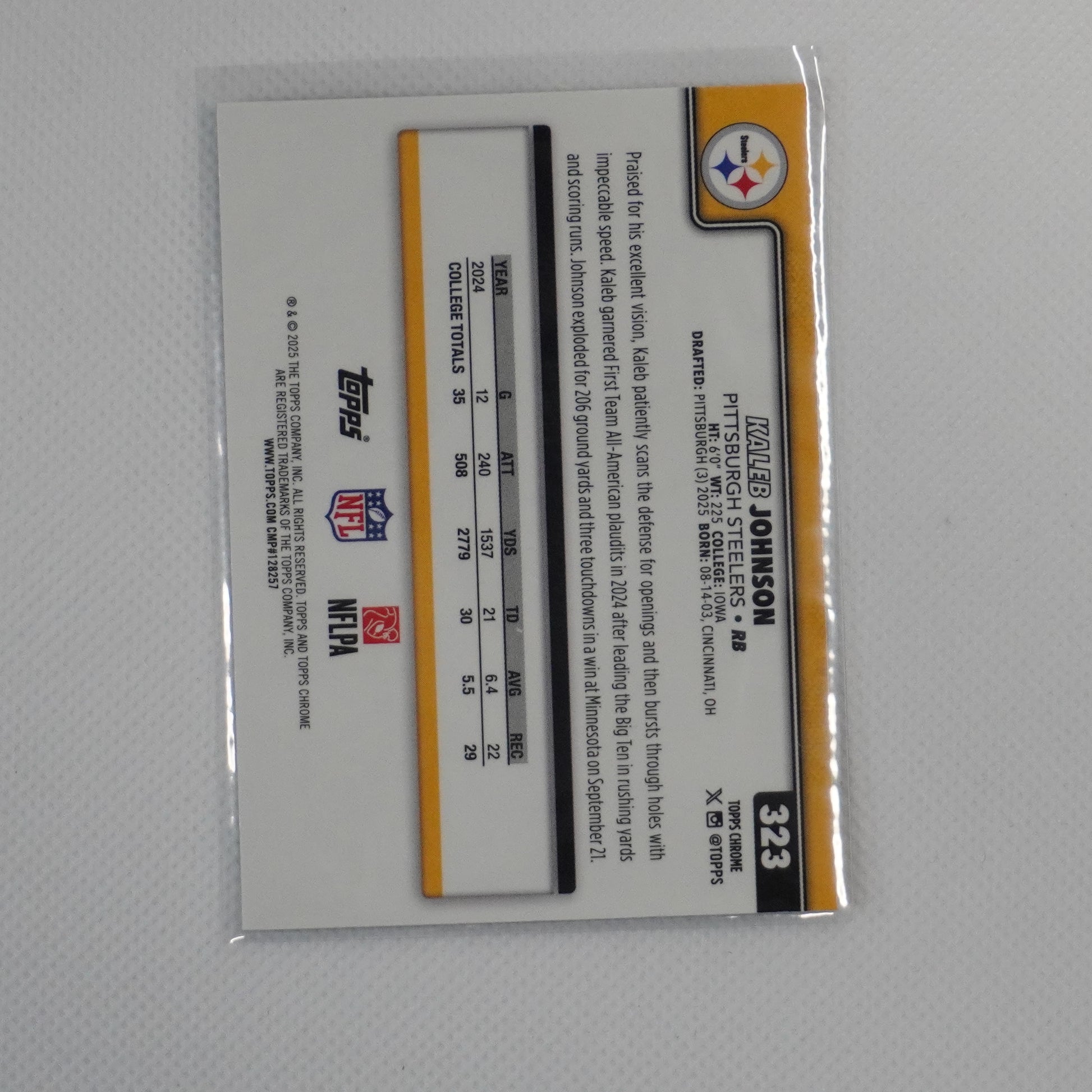 2025 Topps Chrome #323 Kaleb Johnson Pittsburgh Steelers RC