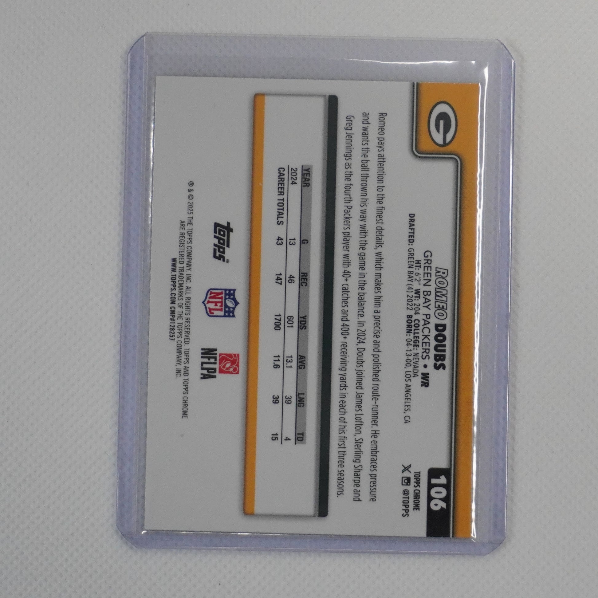 2025 Topps Chrome #106 Romeo Doubs Yellow Wave Refractor #/275 Packers SN