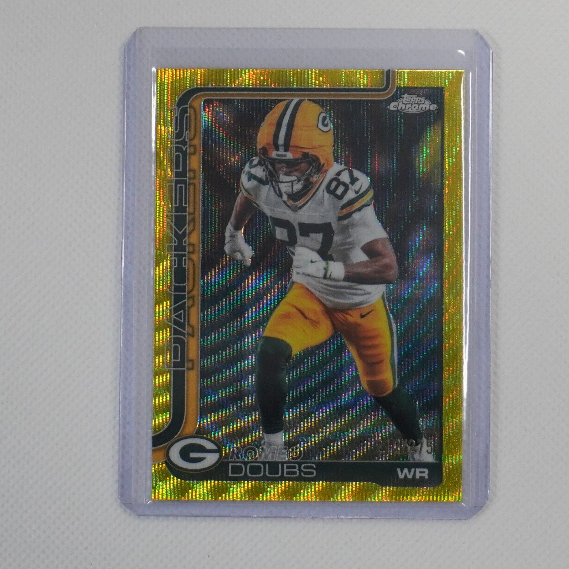 2025 Topps Chrome #106 Romeo Doubs Yellow Wave Refractor #/275 Packers SN