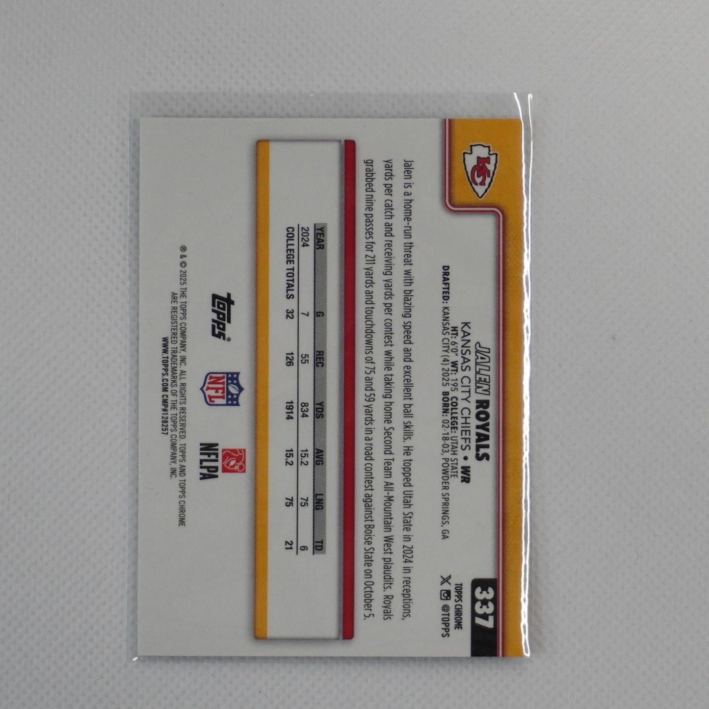 2025 Topps Chrome #337 Jalen Royals Kansas City Chiefs RC