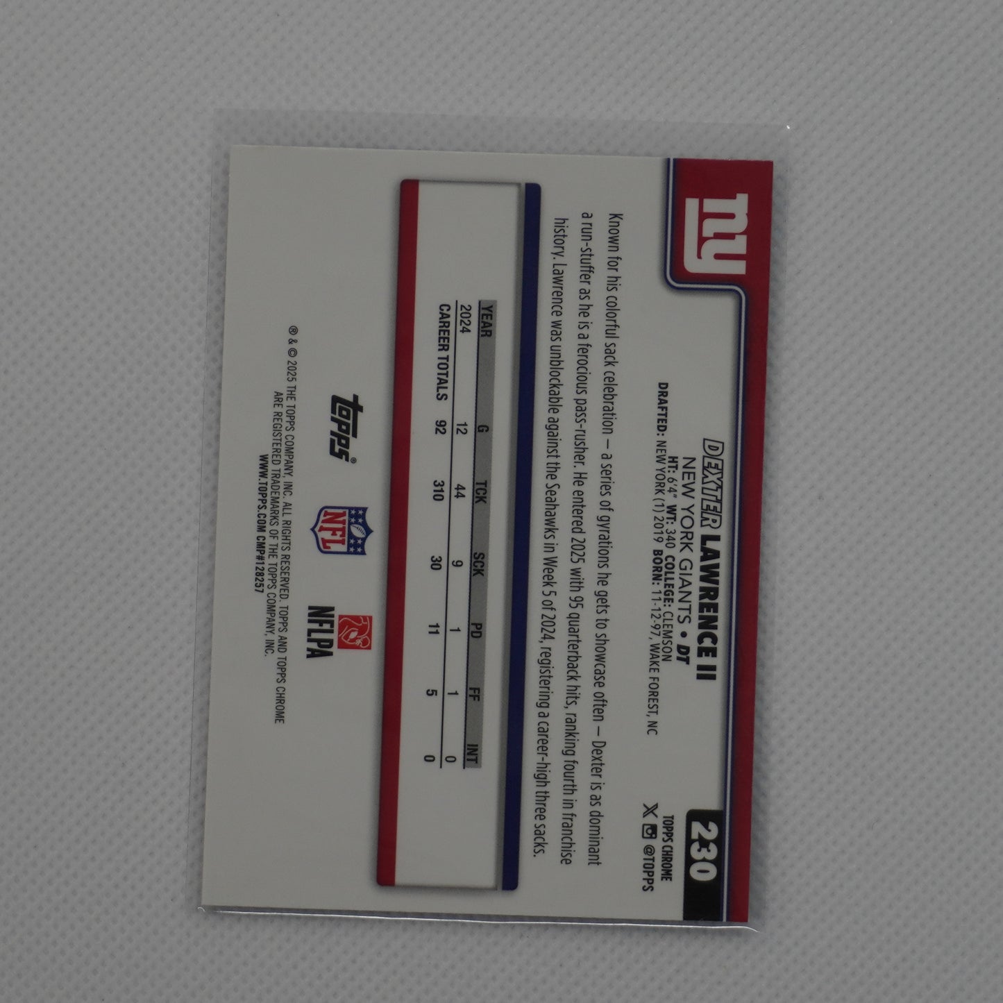 2025 Topps Chrome #230 Dexter Lawrence II Pulsar Refractor New York Giants