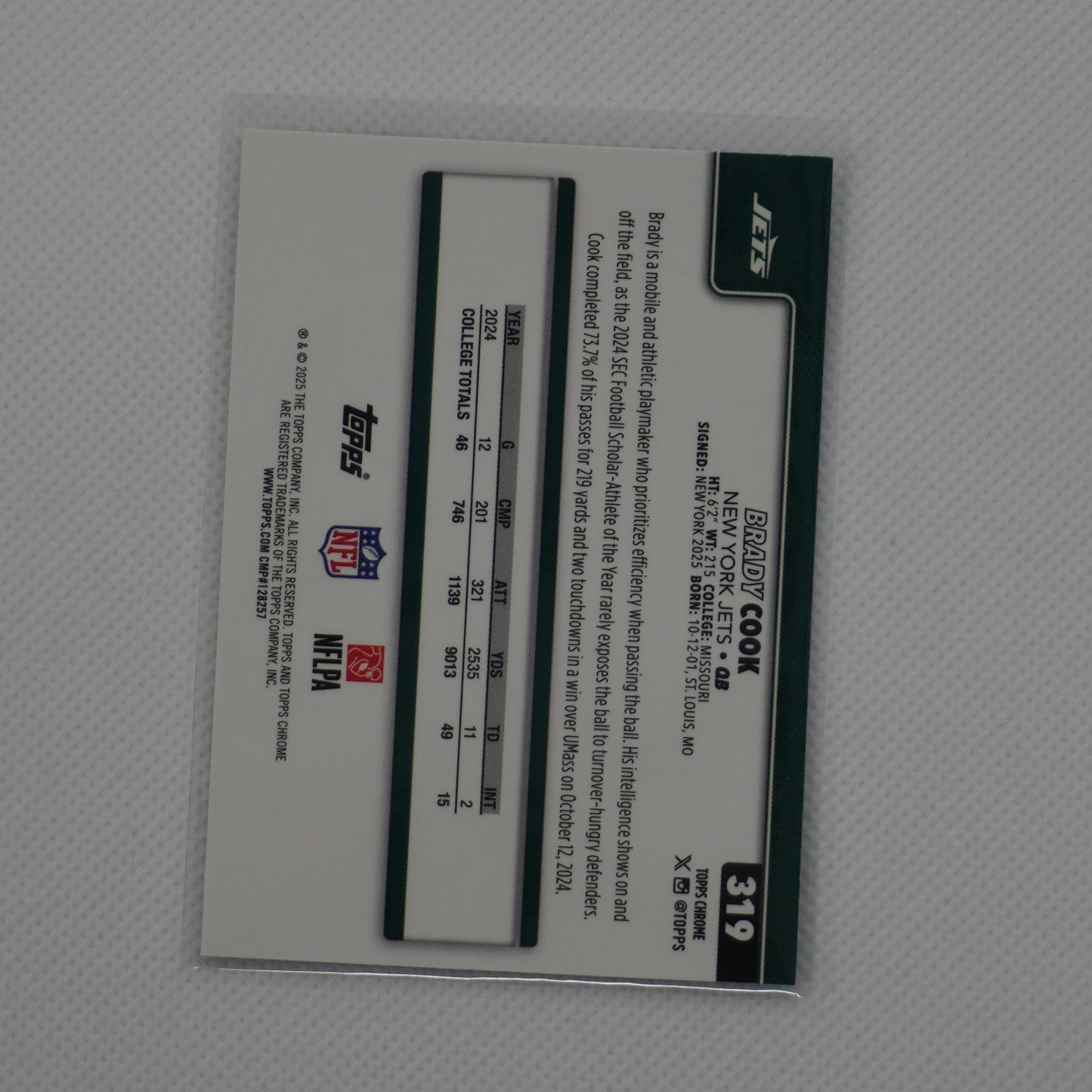 2025 Topps Chrome #319 Brady Cook New York Jets RC