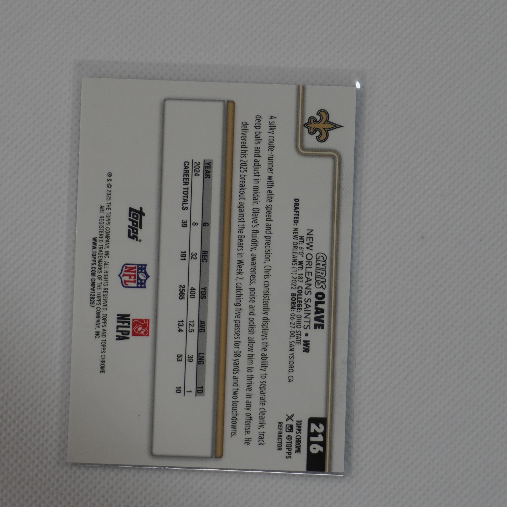 2025 Topps Chrome #216 Chris Olave Refractor New Orleans Saints
