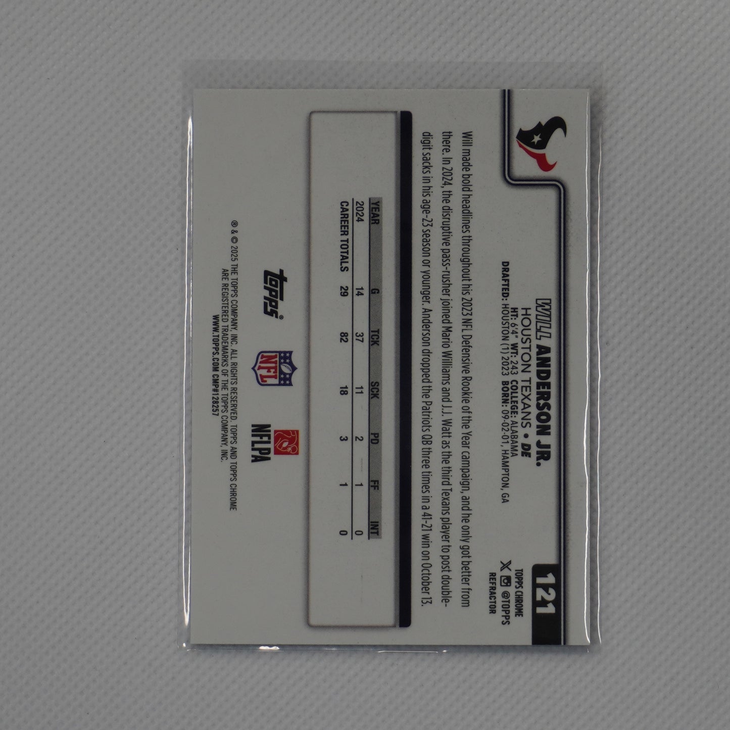 2025 Topps Chrome #121 Will Anderson Jr. Refractor Houston Texans