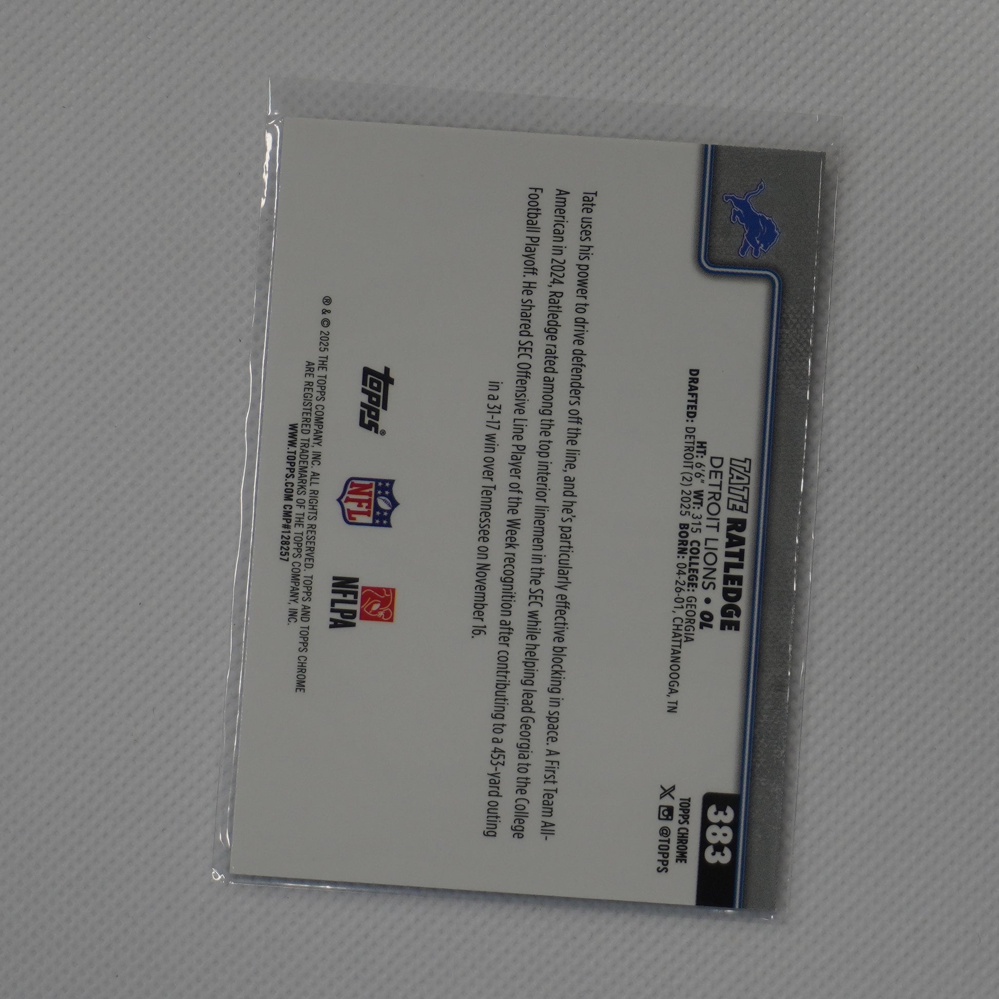 2025 Topps Chrome #383 Tate Ratledge Detroit Lions RC