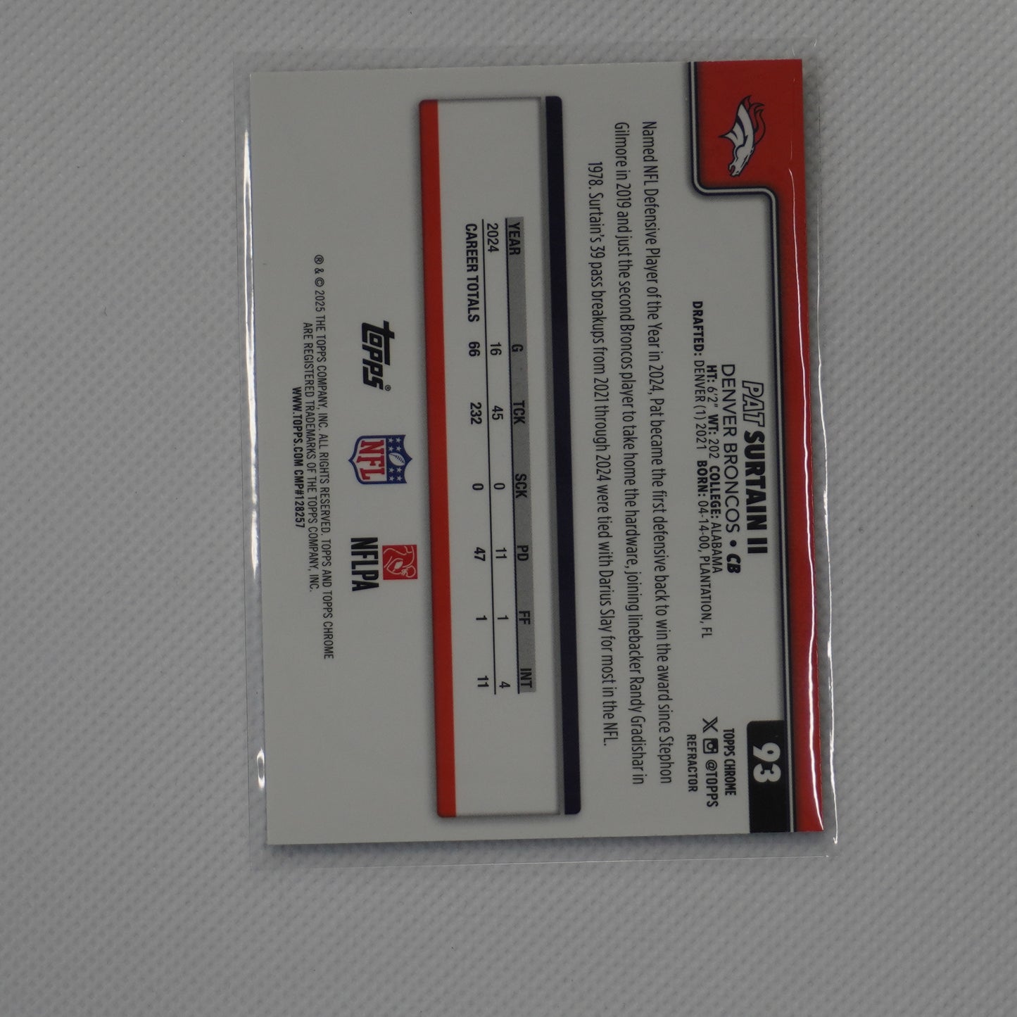 2025 Topps Chrome #93 Patrick Surtain II Refractor Denver Broncos