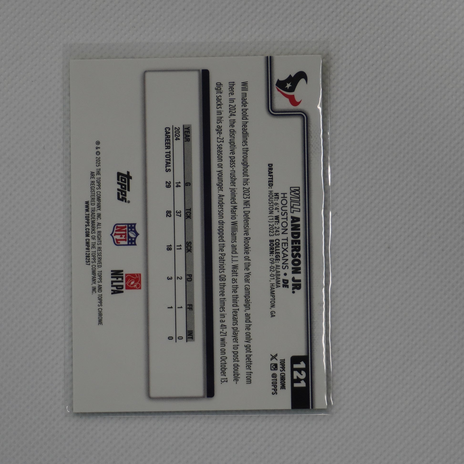 2025 Topps Chrome #121 Will Anderson Jr. Lime Green X-Fractor Houston Texans