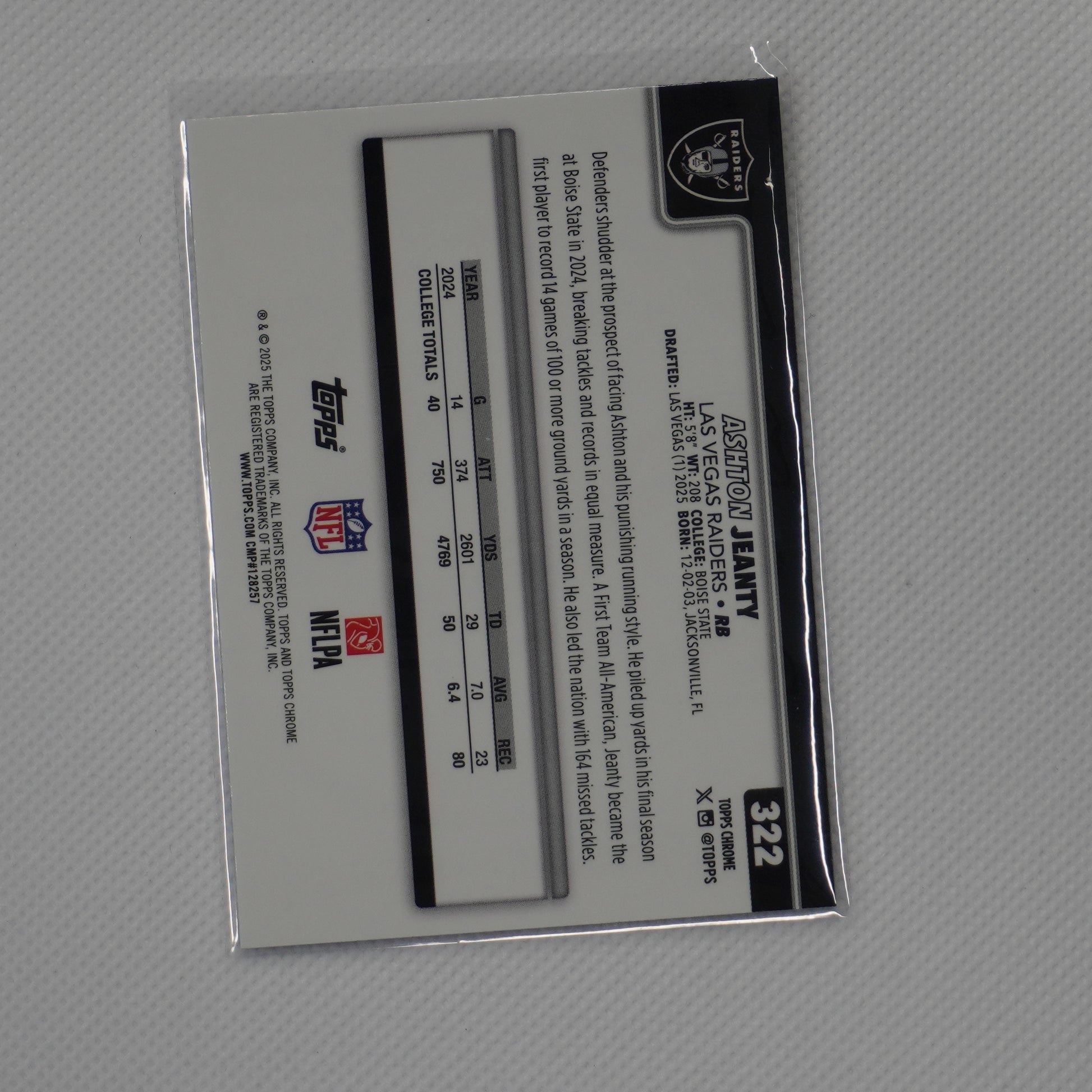 2025 Topps Chrome #322 Ashton Jeanty Las Vegas Raiders RC
