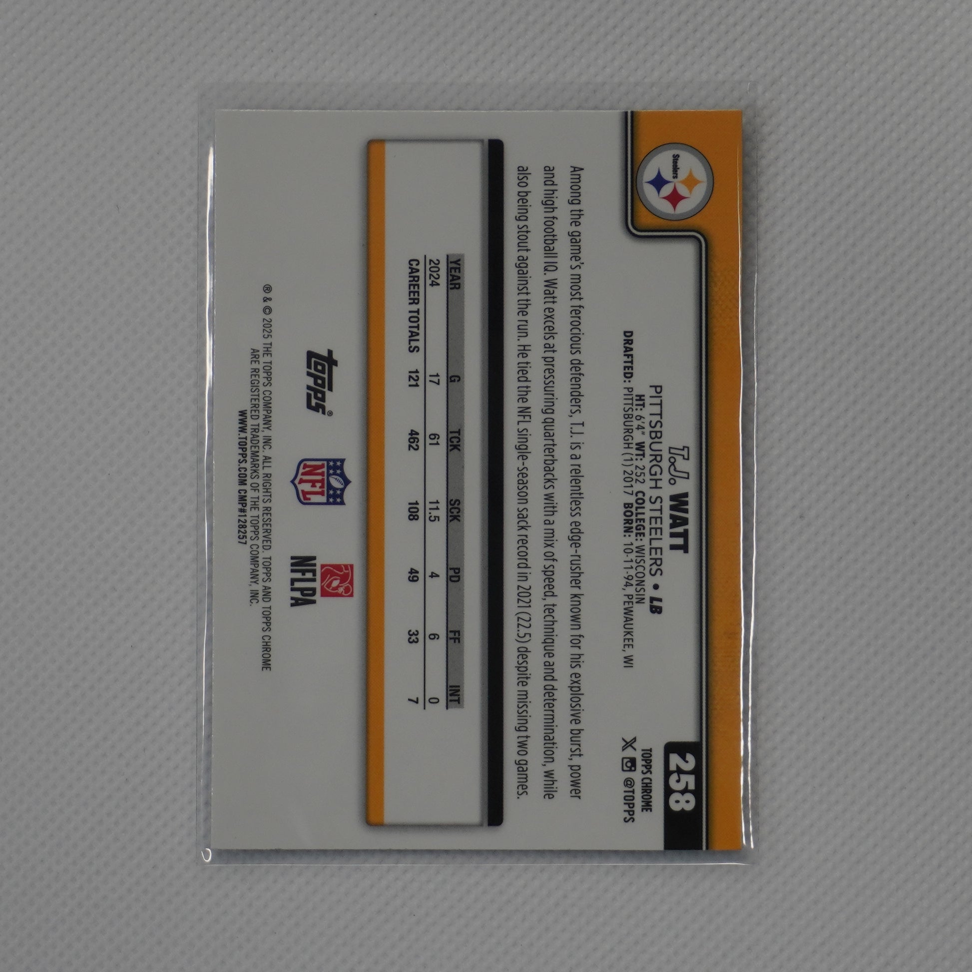 2025 Topps Chrome #258 T.J. Watt X-Fractor Pittsburgh Steelers