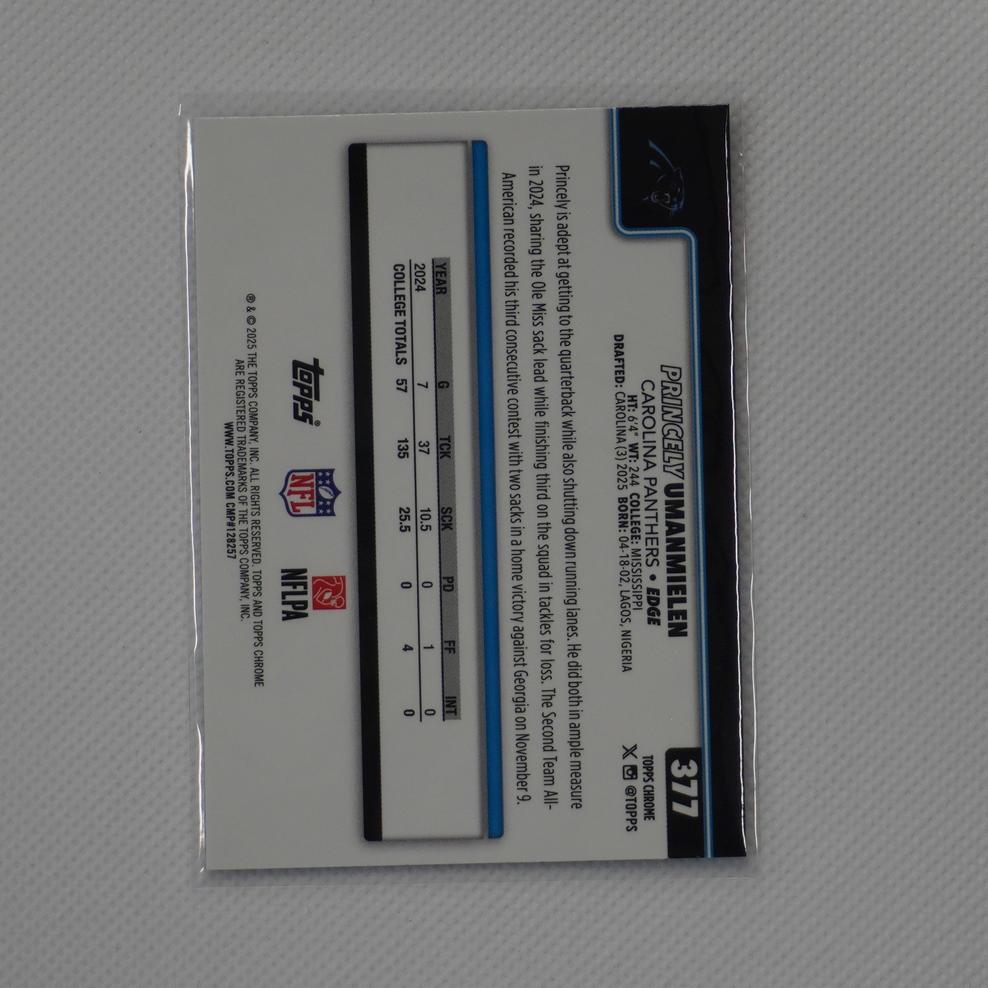2025 Topps Chrome #377 Princely Umanmielen Carolina Panthers RC