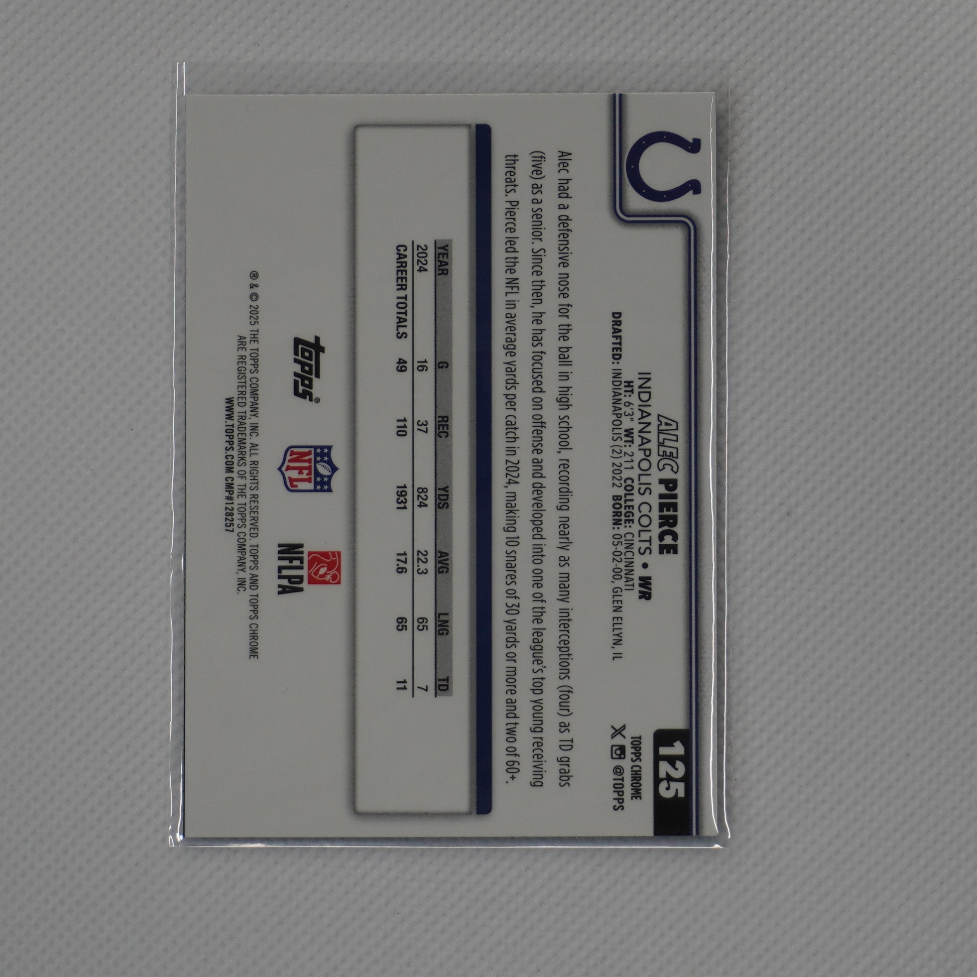 2025 Topps Chrome #125 Alec Pierce Pulsar Refractor Indianapolis Colts