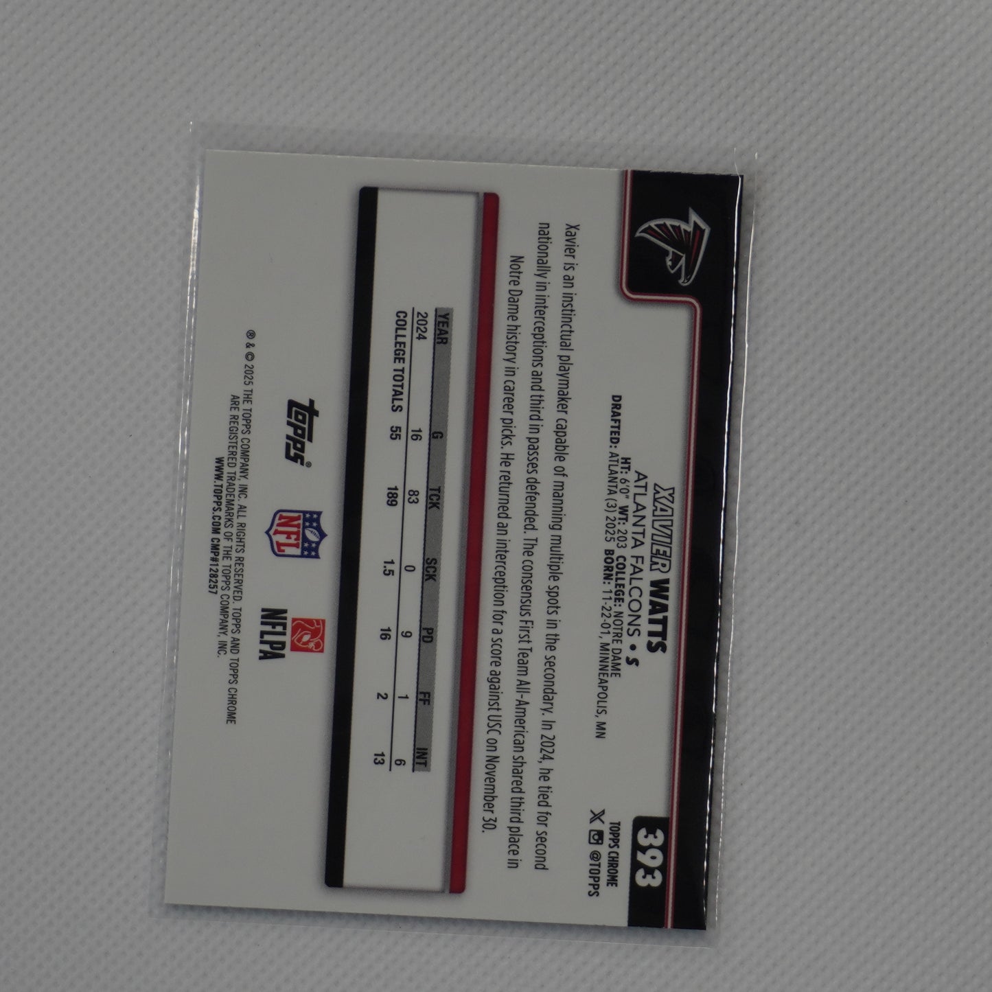 2025 Topps Chrome #393 Xavier Watts Atlanta Falcons RC