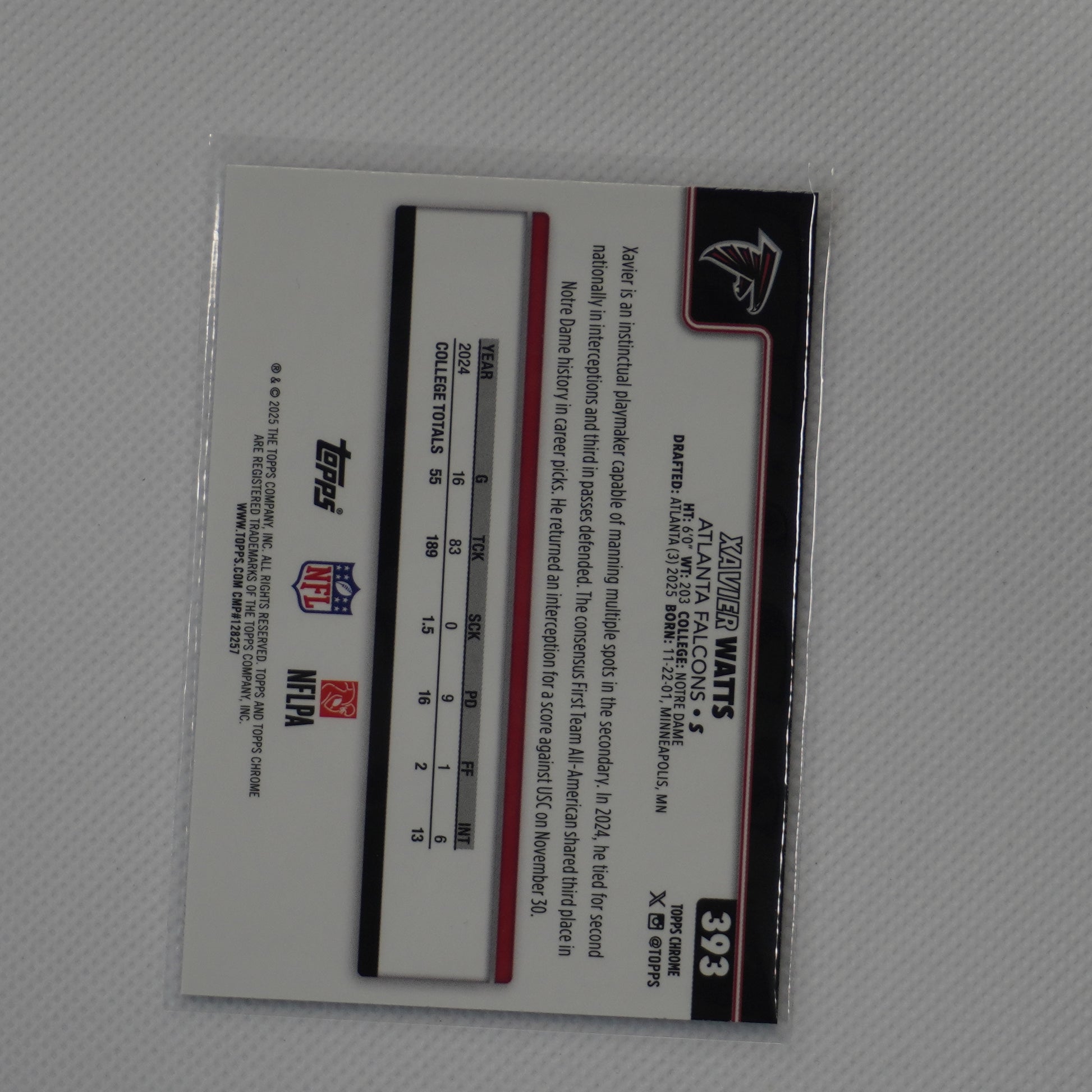 2025 Topps Chrome #393 Xavier Watts Atlanta Falcons RC